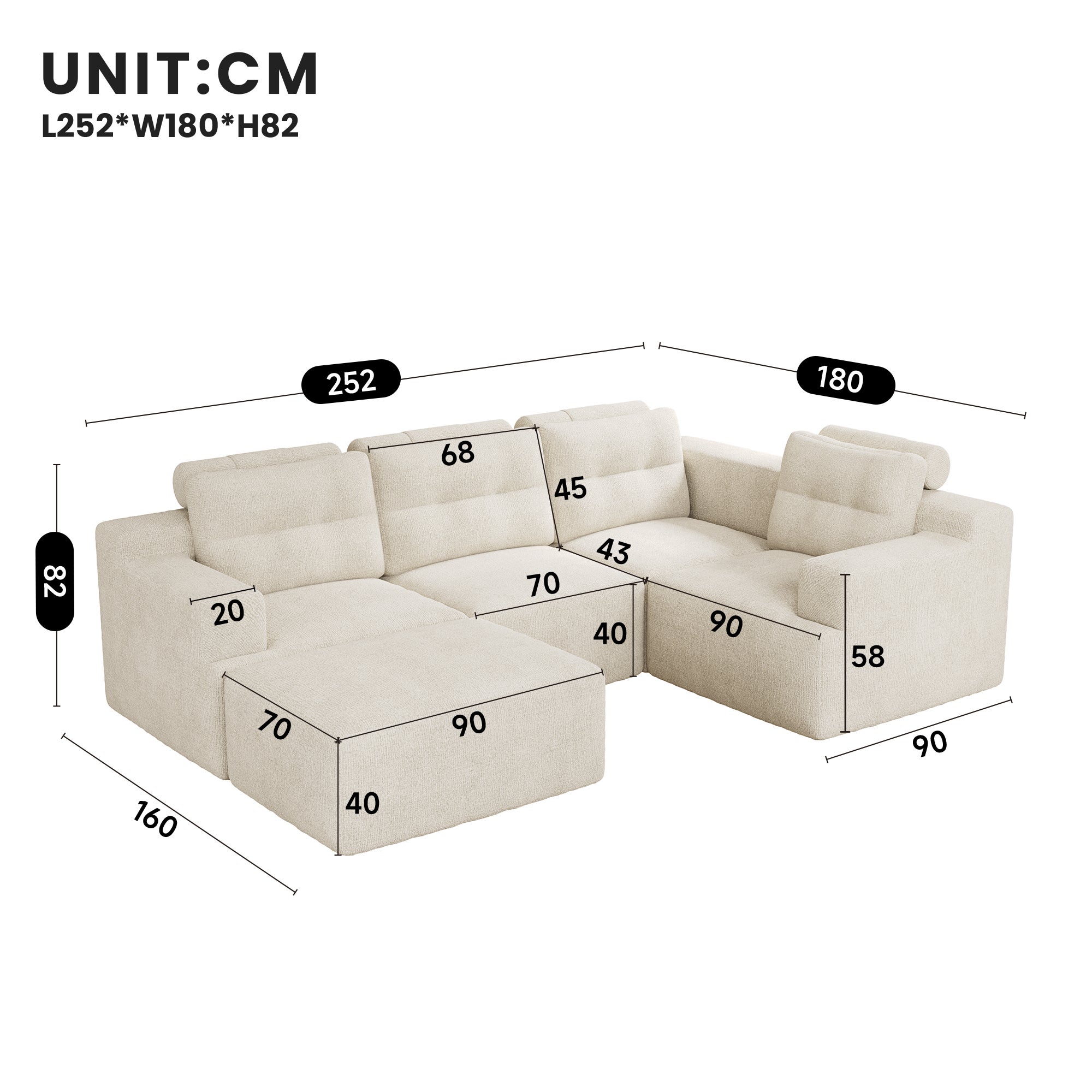 Canapé modulable 5 places U/L 252x180x82 cm, mousse intégrale, sans structure rigide, sans montage, chenille, beige - 5