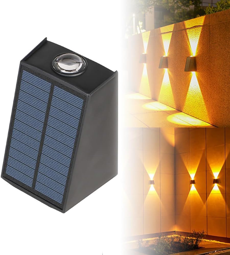 Zewnętrzny solarny kinkiet, wodoodporny IP65, zasilany energią słoneczną, dwutrybowe światło żółte