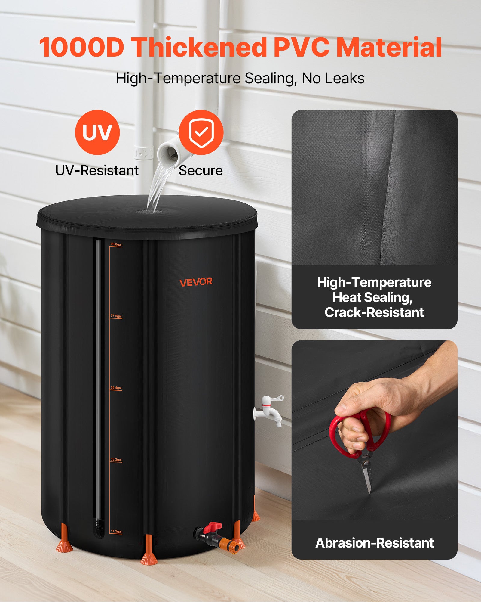 Récupérateur d’eau de pluie pliable VEVOR en PVC 1000D, 380 L, avec robinet, kit trop-plein et bac collecteur, pour arrosage de jardin, noir - 2