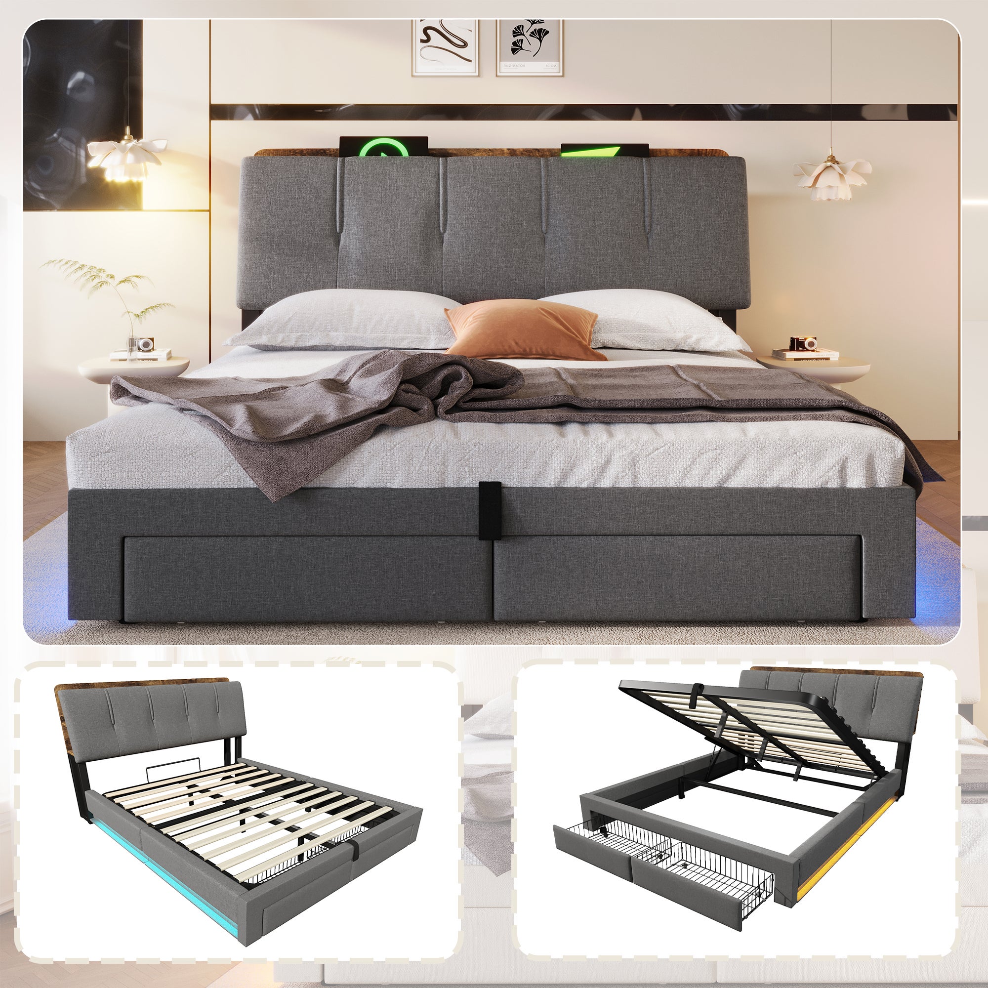 Łóżko z pojemnikiem 140 x 200 cm, 2 szufladami i portami USB/Type-C – tkanina lniana – diody LED – szare (materac nie jest dołączony)