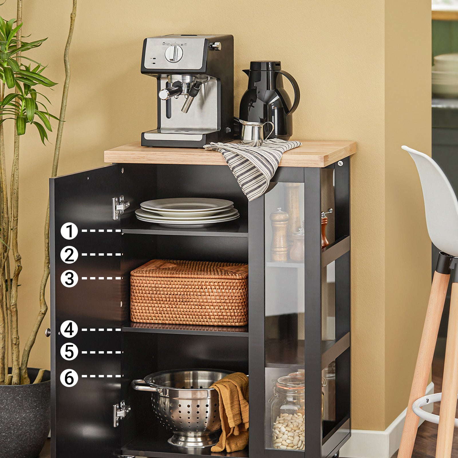SoBuy Desserte de Cuisine avec 2 Portes et 3 Étagères, Chariot de Rangement sur Roulettes Freinées, Noir, FKW75-SCH - 5