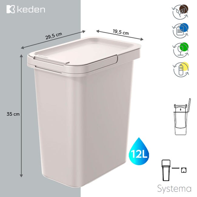 KEDEN Seau de recyclage de forme carrée 12L Systema 29x19x35 cm