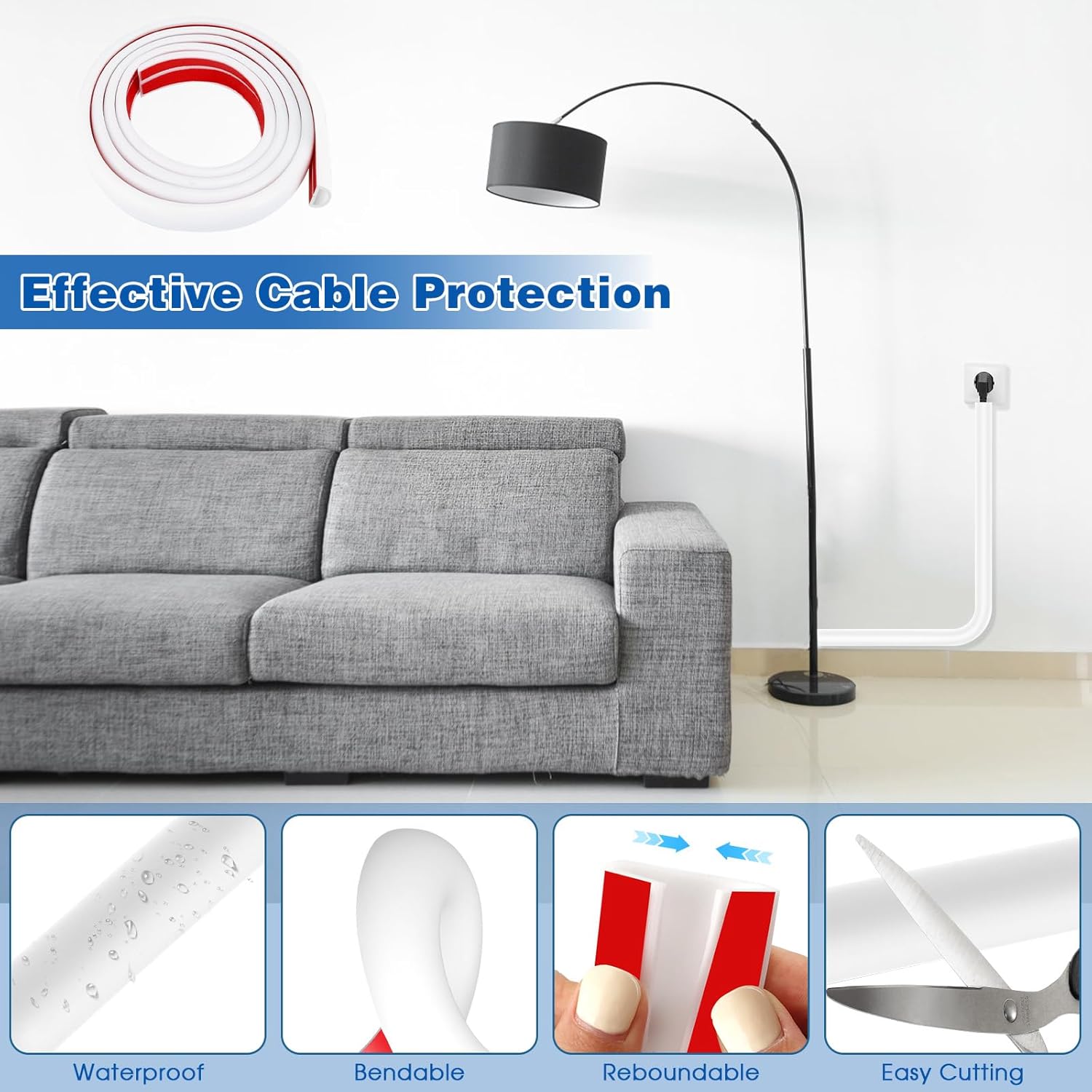Goulotte de Câble en Caoutchouc Blanc 2m, Protection de Câbles avec Adhésif, Étanche et Isolante, pour Maison, Bureau et Extérieur - 4
