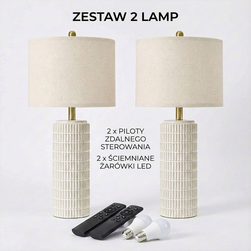 Zestaw 2 lamp stołowych ceramiki lampy stołowe pilot zdalnego sterowania i żarówka E27 do salonu,lampki nocne LED i lnianym kloszem dekoracji - 2