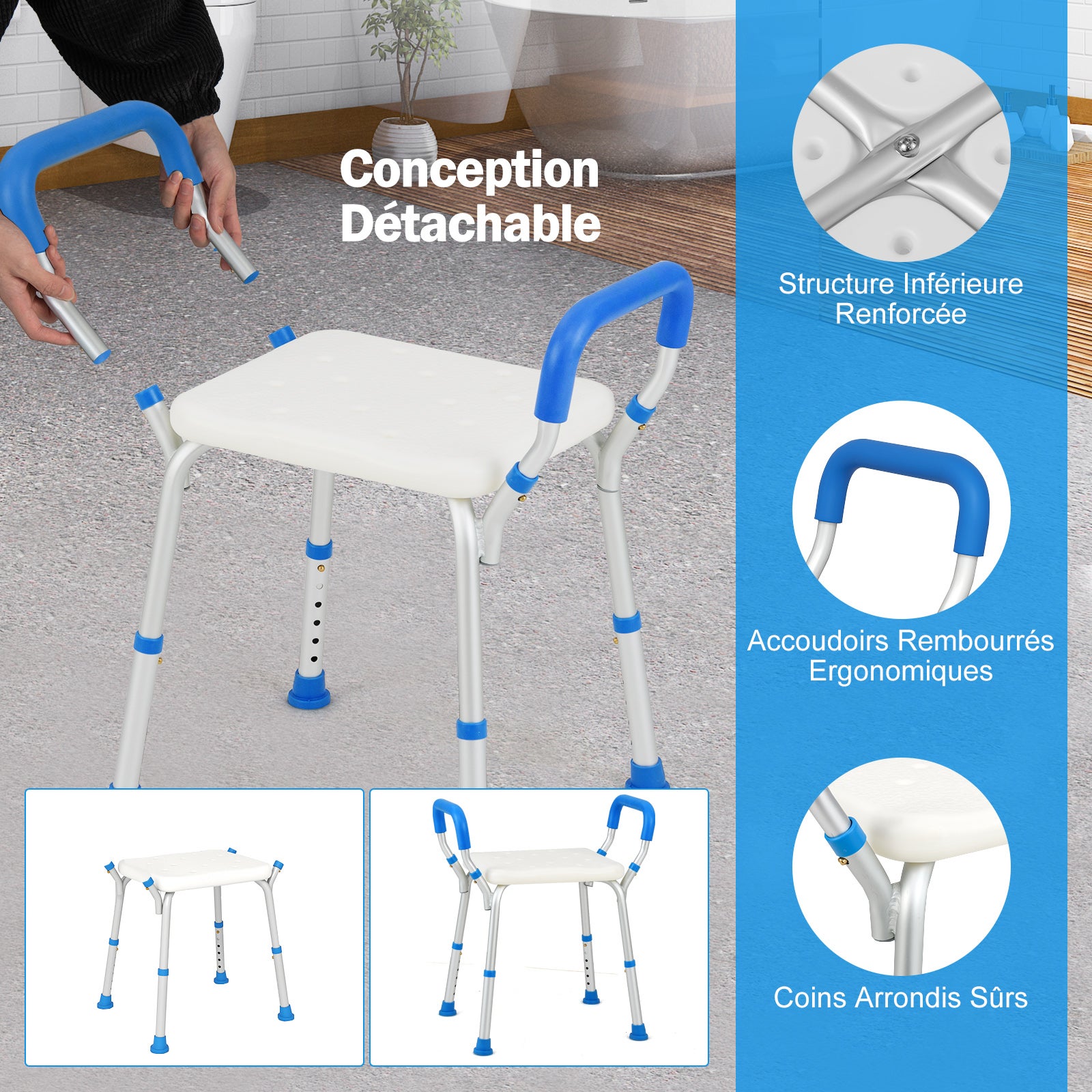 Tabouret de Douche 6 Hauteurs Réglables 36-49cm, Chaise de Douche Accoudoirs Amovibles, Pieds En Caoutchouc Antidérapants, Tabouret Salle de Bain,Bleu - 9