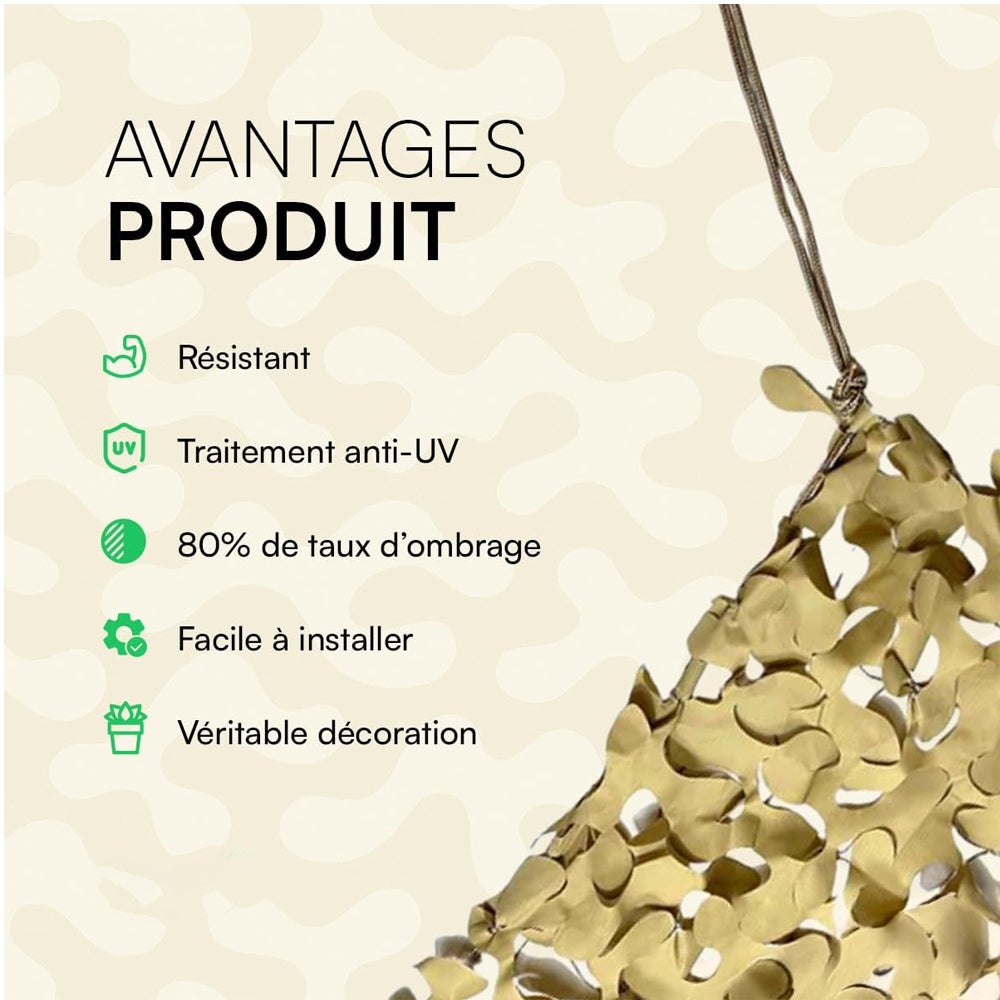 Filet de Camouflage Sable - Filet d’Ombrage Extérieur Résistant - Haut de Gamme - Protection Solaire & Voile d'Ombrage Anti-UV - Terrasse, Pergola, - 2