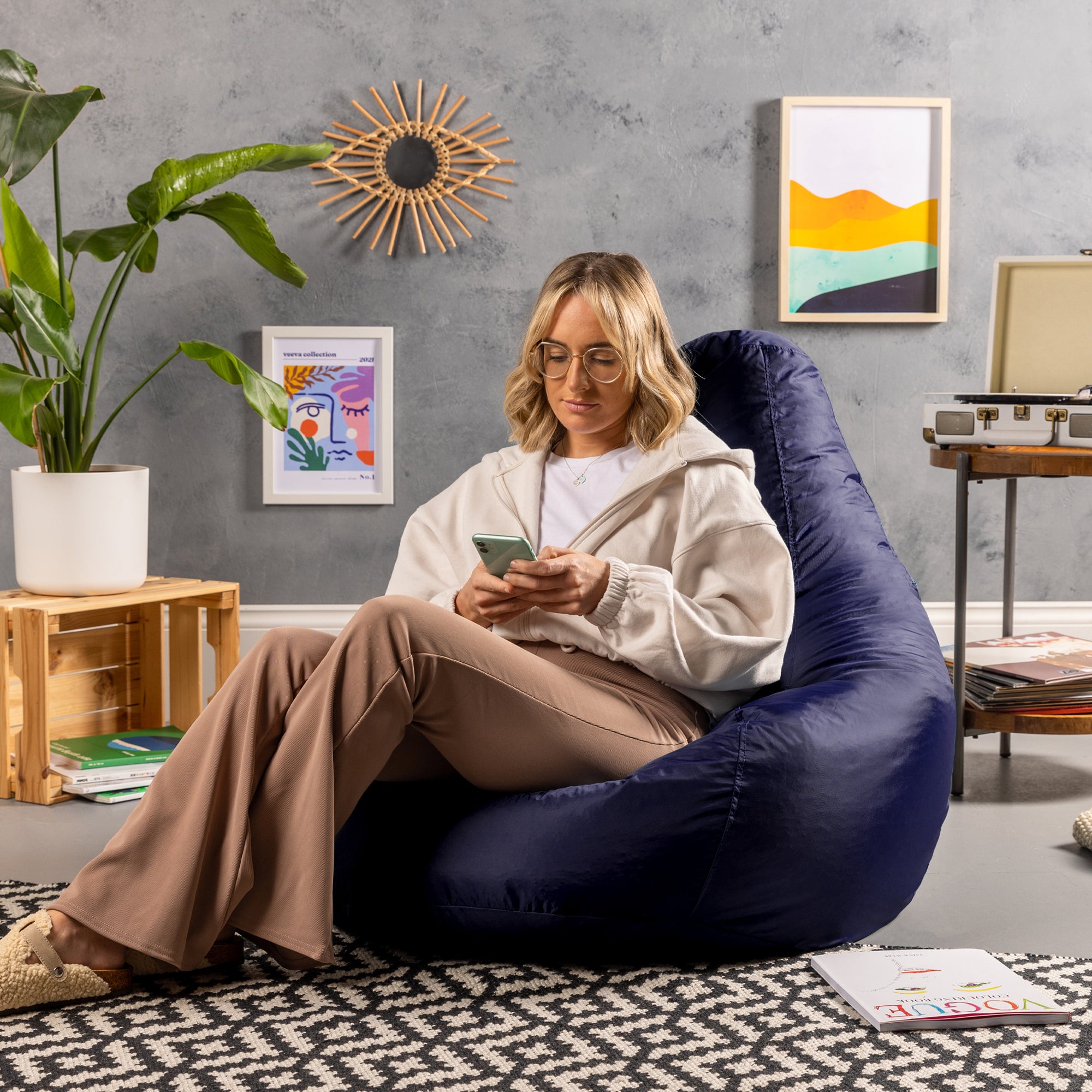 Pouf reclinabile con schienale alto Icon per interni ed esterni, soggiorno, giardino, blu navy, 84x84 cm, Oeko-Tex® - 3