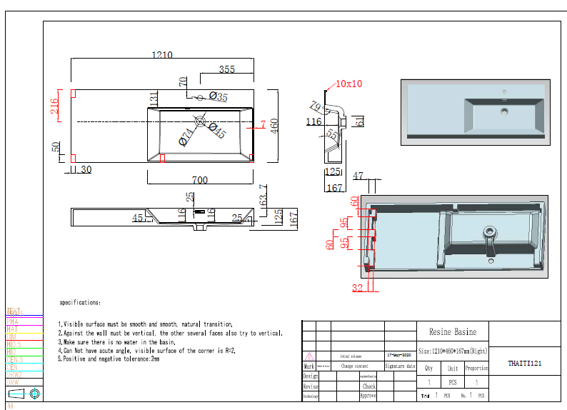 Lavabo sospeso 120 cm bianco opaco in resina con vasca a destra - 5