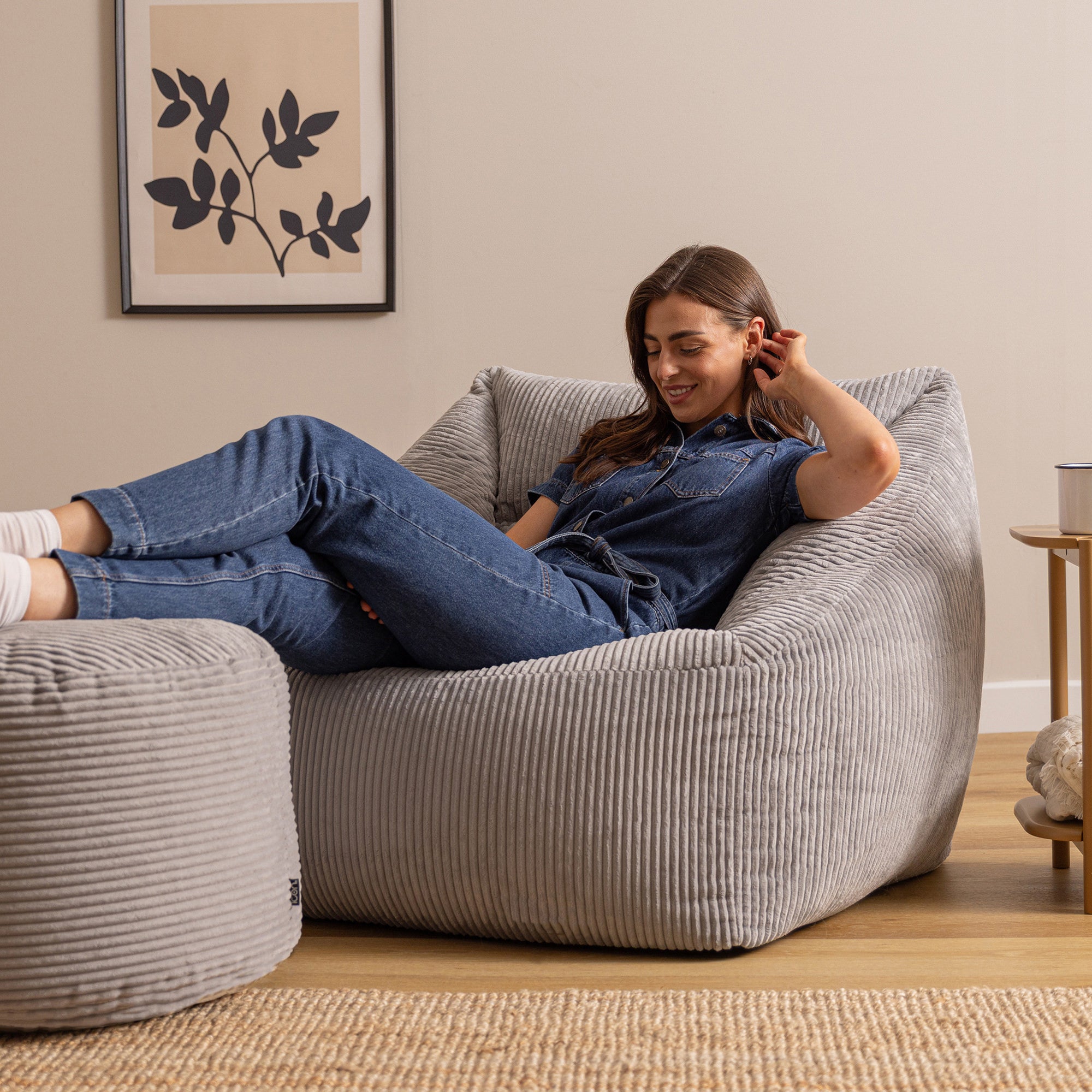 Pouf fauteuil avec repose-pied rond Icon velours côtelé gris clair 97x84cm Oeko-Tex® - 3