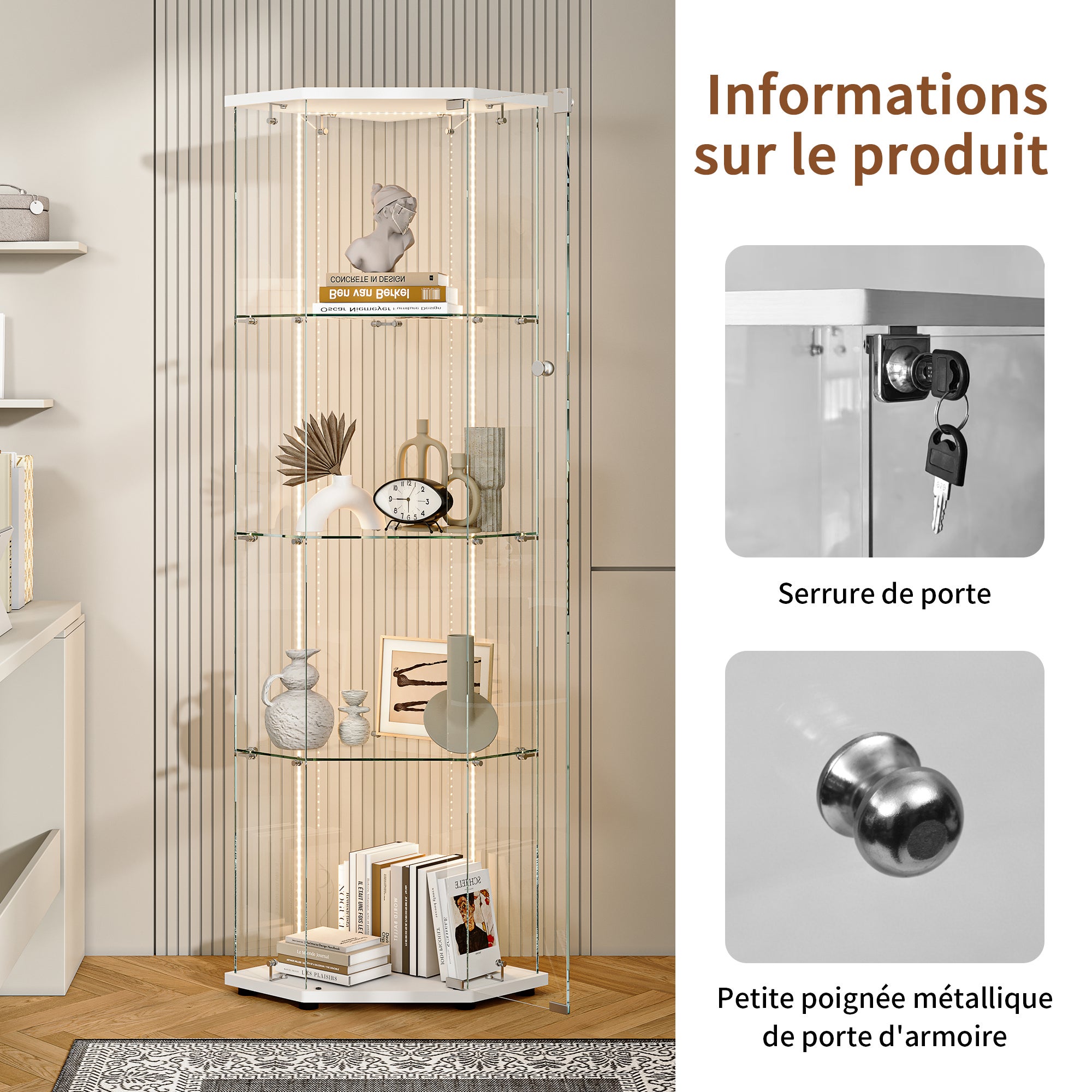 Vitrine pour collection, Vitrine en Verre, Transparent LED Vitrine en verre 4 Couches avec 1 Porte, pour salon et chambre à coucher,cinq angles - 5