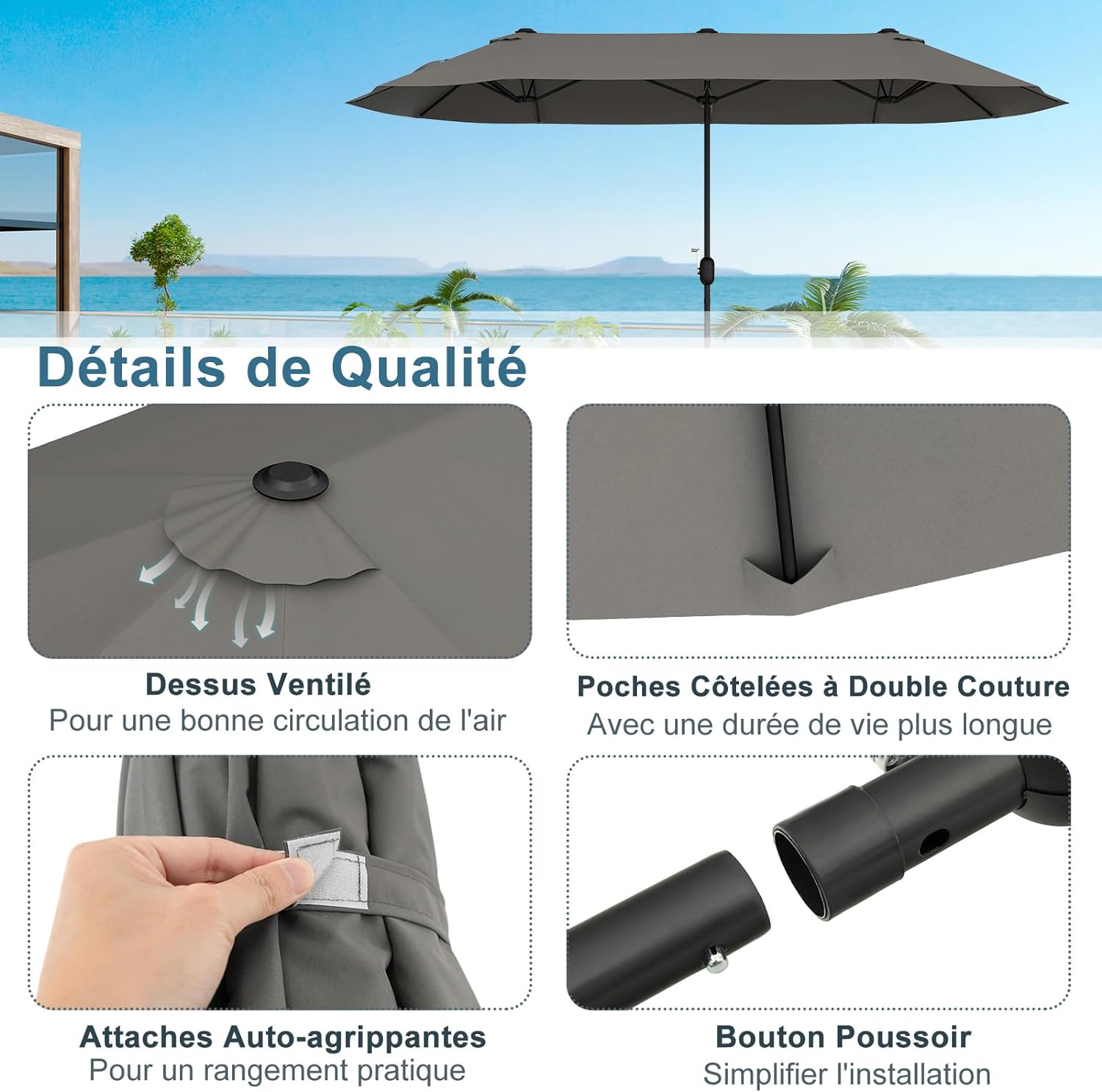 Parasol de Jardin Exterieur avec Pied, 4M Parasol Double Face avec Manivelle,pour 6 Personnes pour Marché, Piscine, Terrasse, Balcon (Gris) - 5