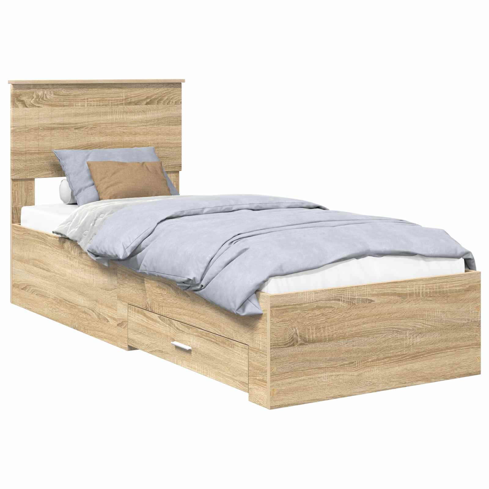 Cadre de lit avec tiroir, chêne et argent, pour la chambre, 75 × 190 cm - 2