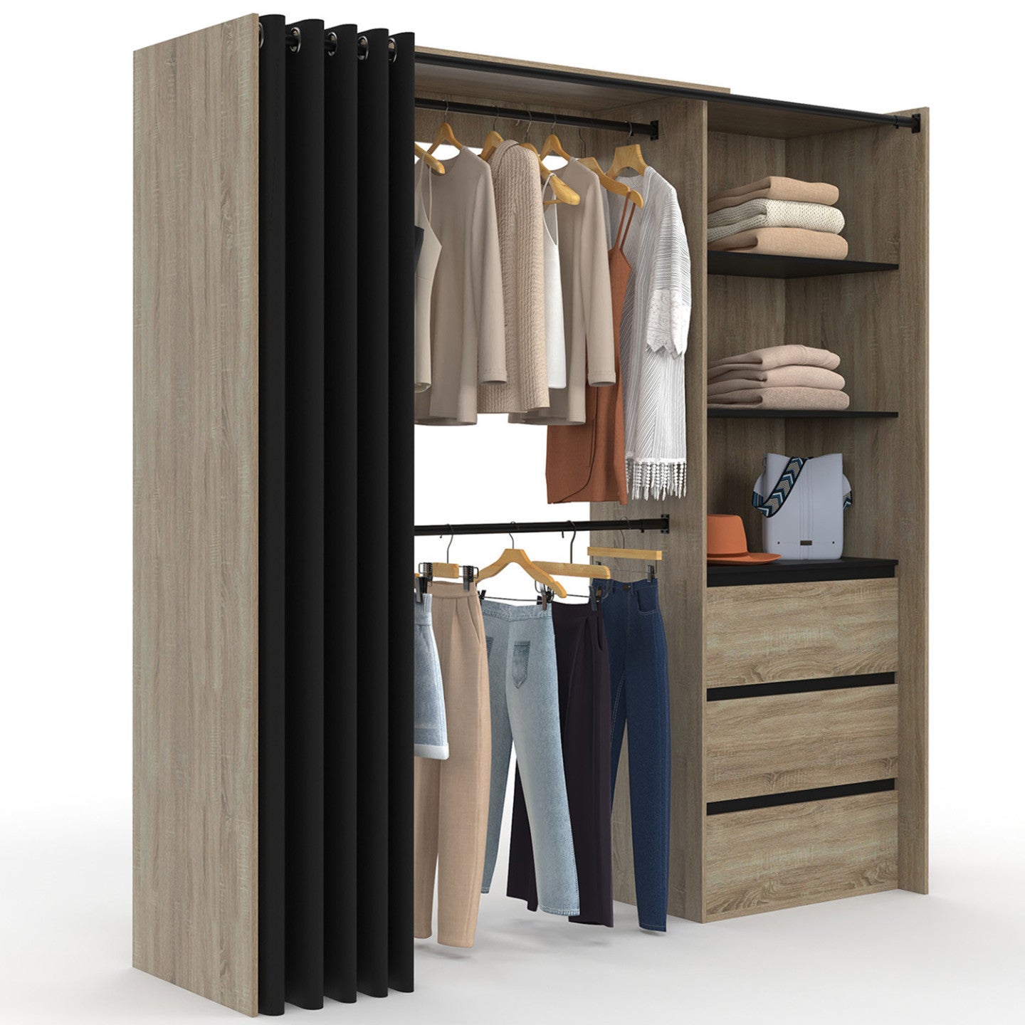Dressing extensible MARTY 120/170 x 50 x 180 cm hêtre avec 3 tiroirs + étagères + double penderie + rideau noir - 2