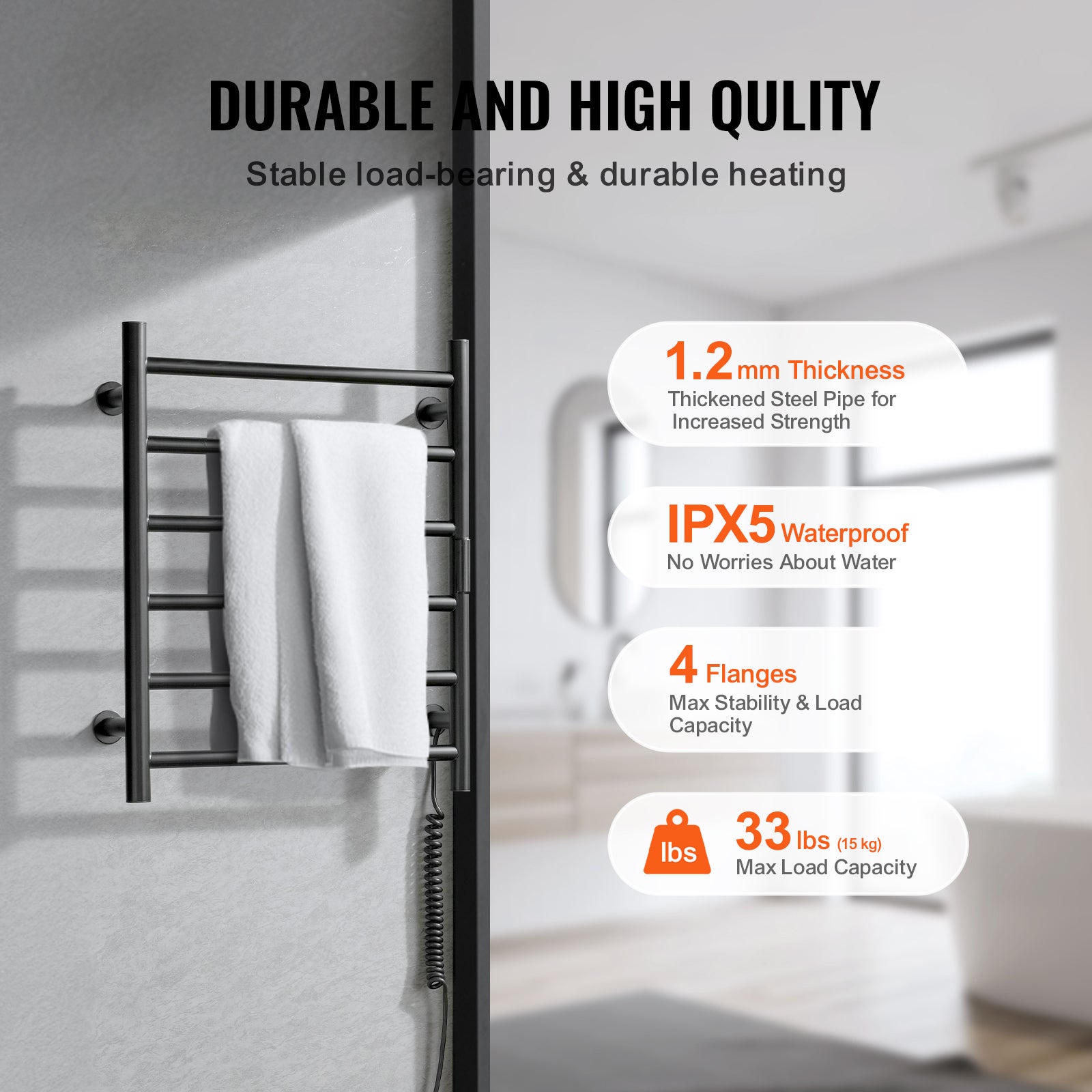 Toalheiro aquecido 6 barras 145W, toalheiro montado na parede com temporizador, display LED, IPX5 à prova d'água, 5 níveis calor ajustáveis SucceBuy - 6