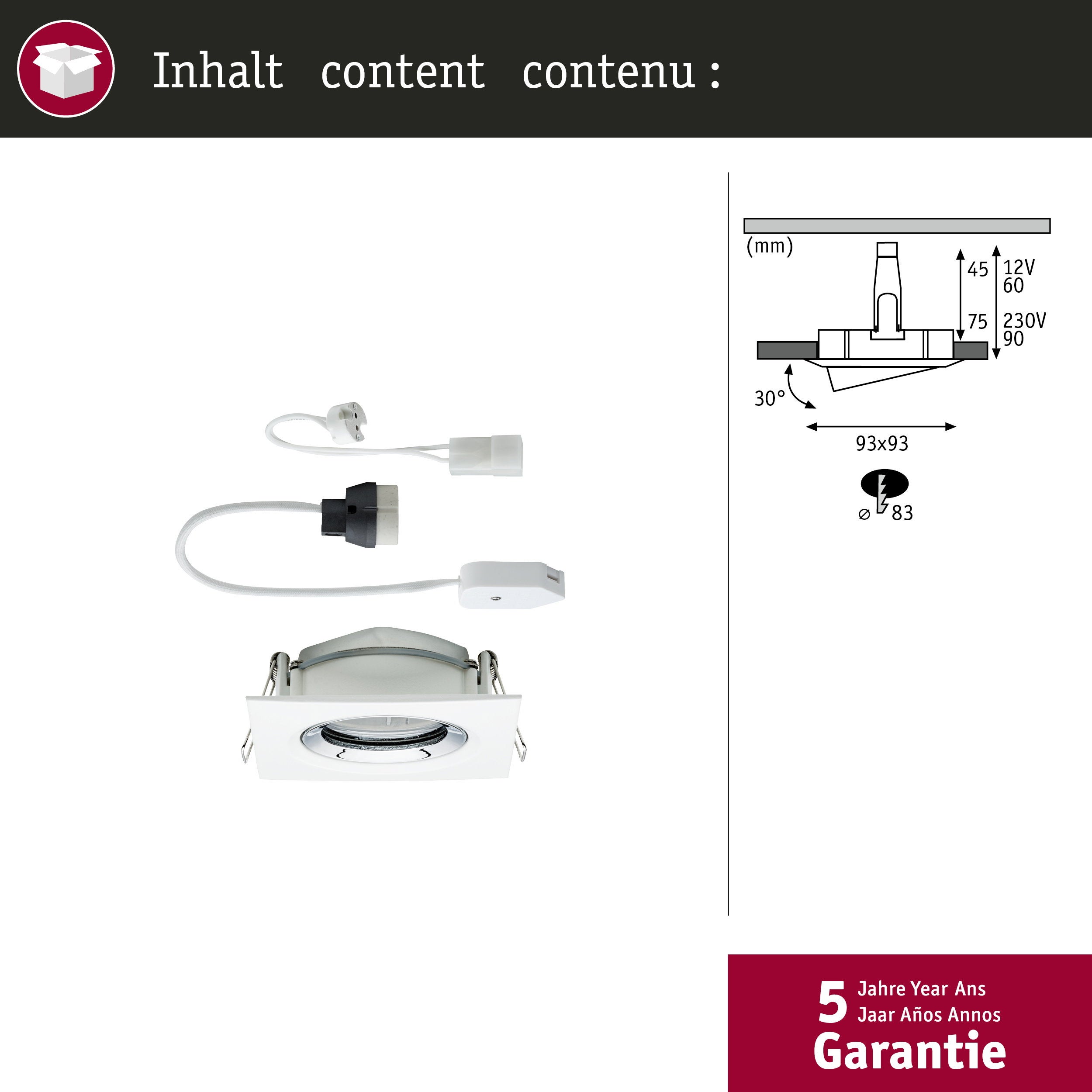 Spot encastré Nova Plus orientable IP65 carré 93x93mm 30° GU5,3 / GU10 max. 35W 230/12V gradable Blanc dépoli Chrome - 4