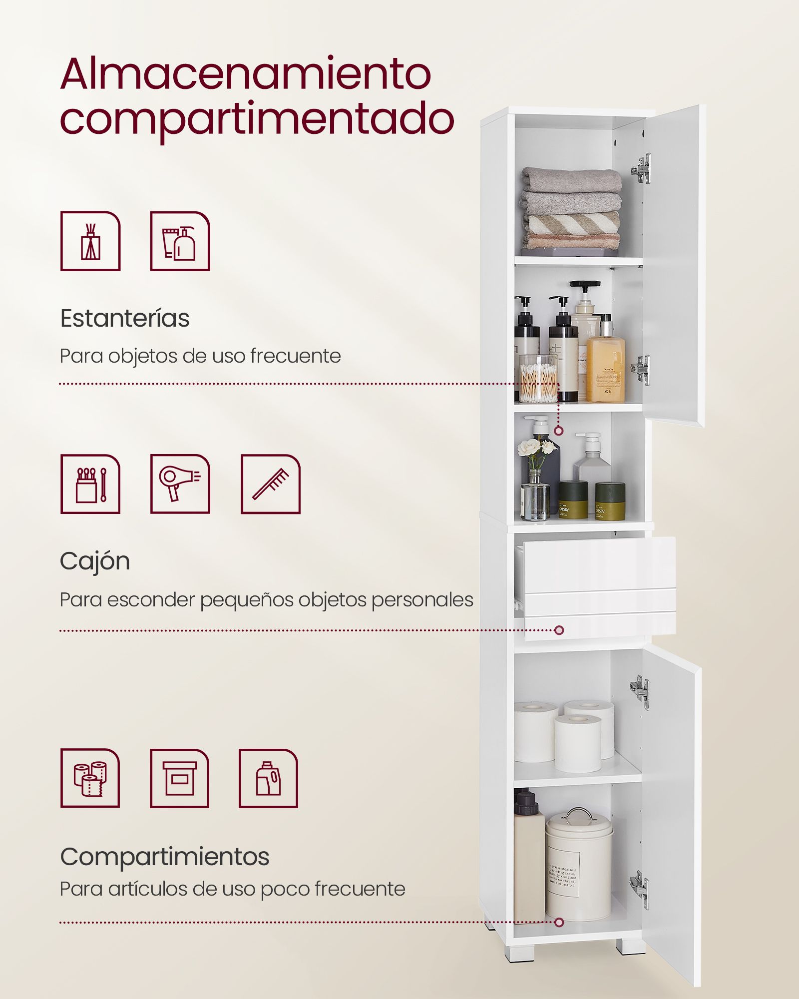 Mueble de baño con cajón y estantería, unidad de almacenamiento con compartimientos y estantes regulables, blanco - 3