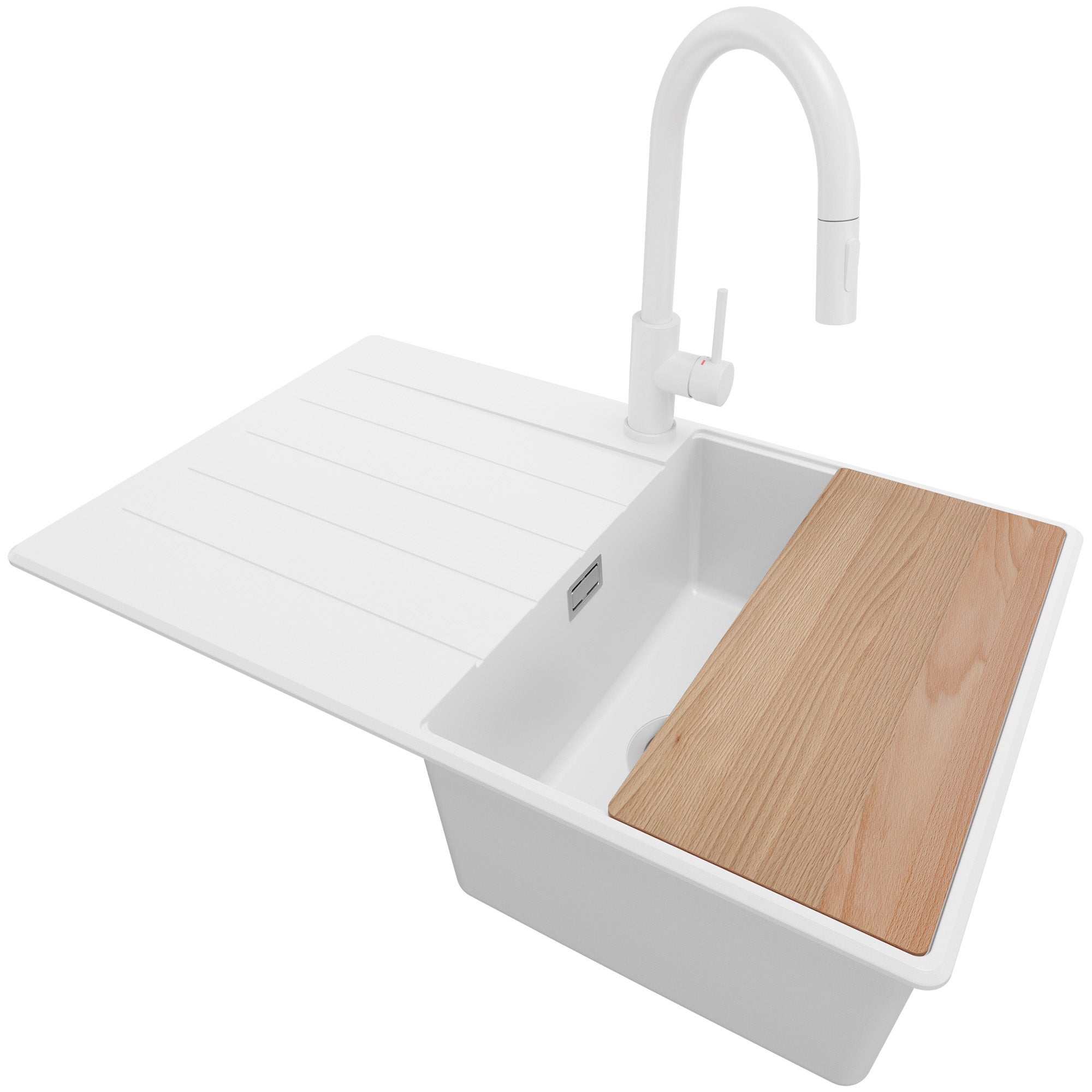 Zlewozmywak Granitowy Biały 78x50cm, Zlew Kuchenny 1 Komorowy + Bateria 40x20cm + Syfon + Deska, Nablatowy do szafki od 45cm - Kopenhaga PRIMAGRAN