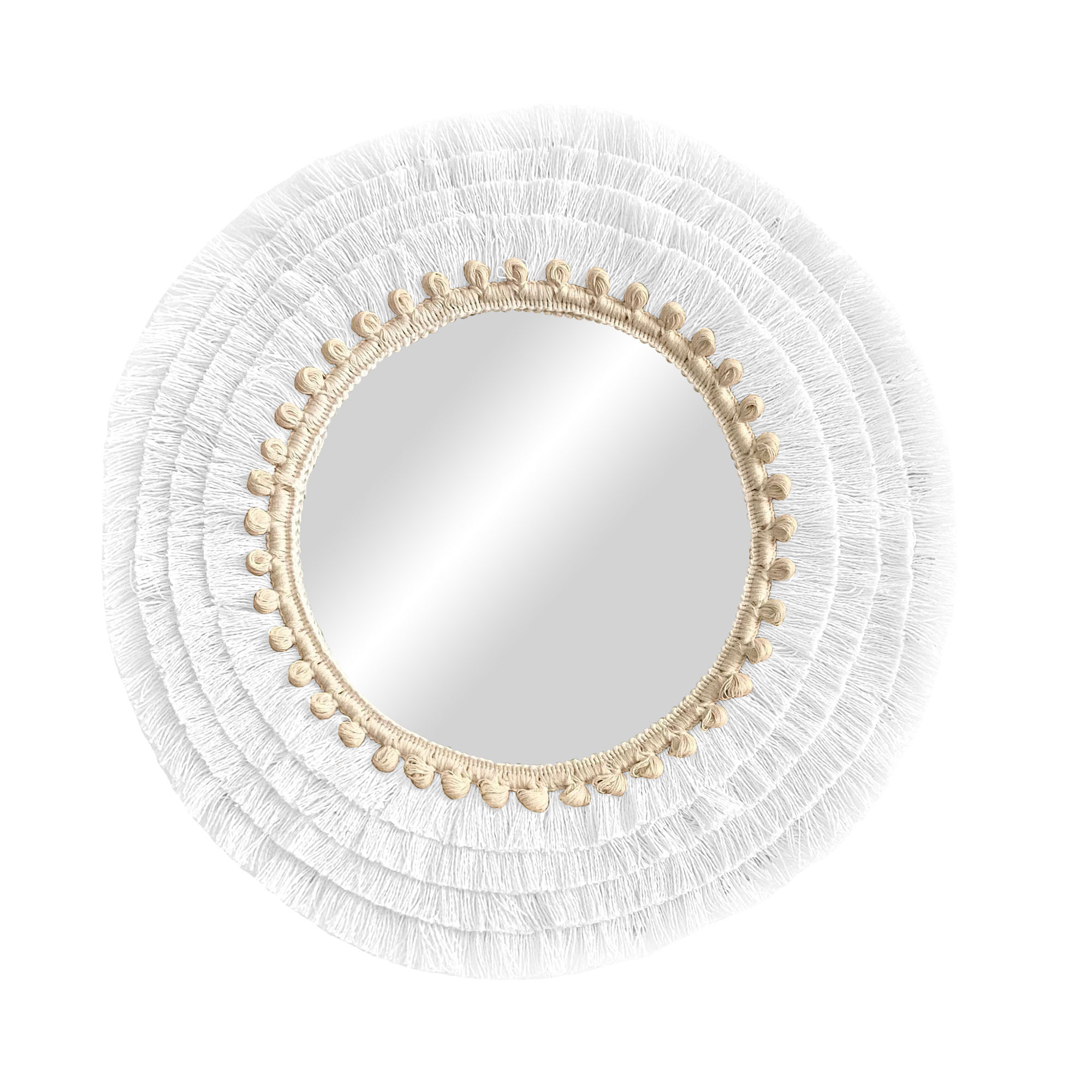 Espejo redondo con flecos de algodón y fibras naturales decoración natural de pared - mirror cotton blanco 90cm