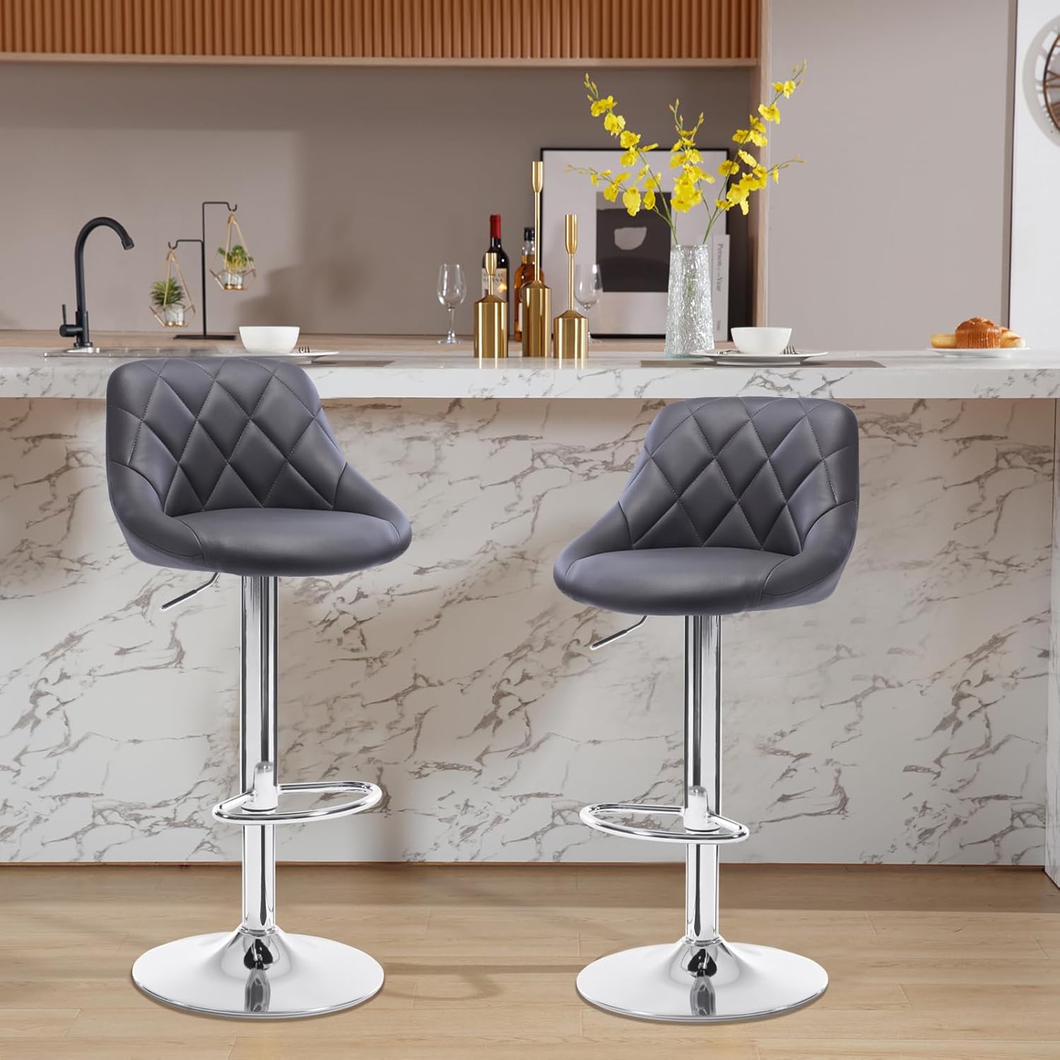 Lot De 2 Tabourets De Bar Avec Dossier - Hauteur Réglable 77-98 Cm - Pivotant 360° - Velours Gris - Base Large