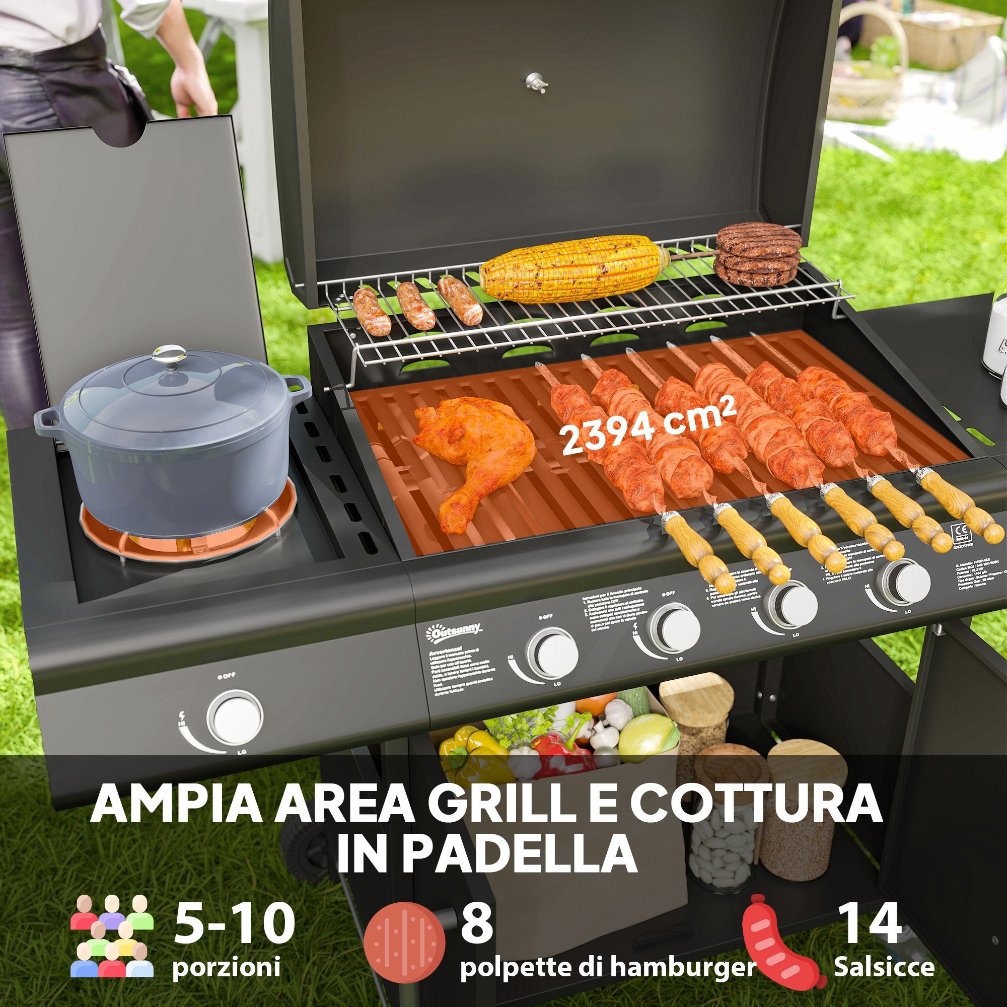Outsunny Barbecue a Gas con Fornello Laterale, Tavolino e Armadietto, in Acciaio e PP, 129.5x56x110 cm, Nero - 4