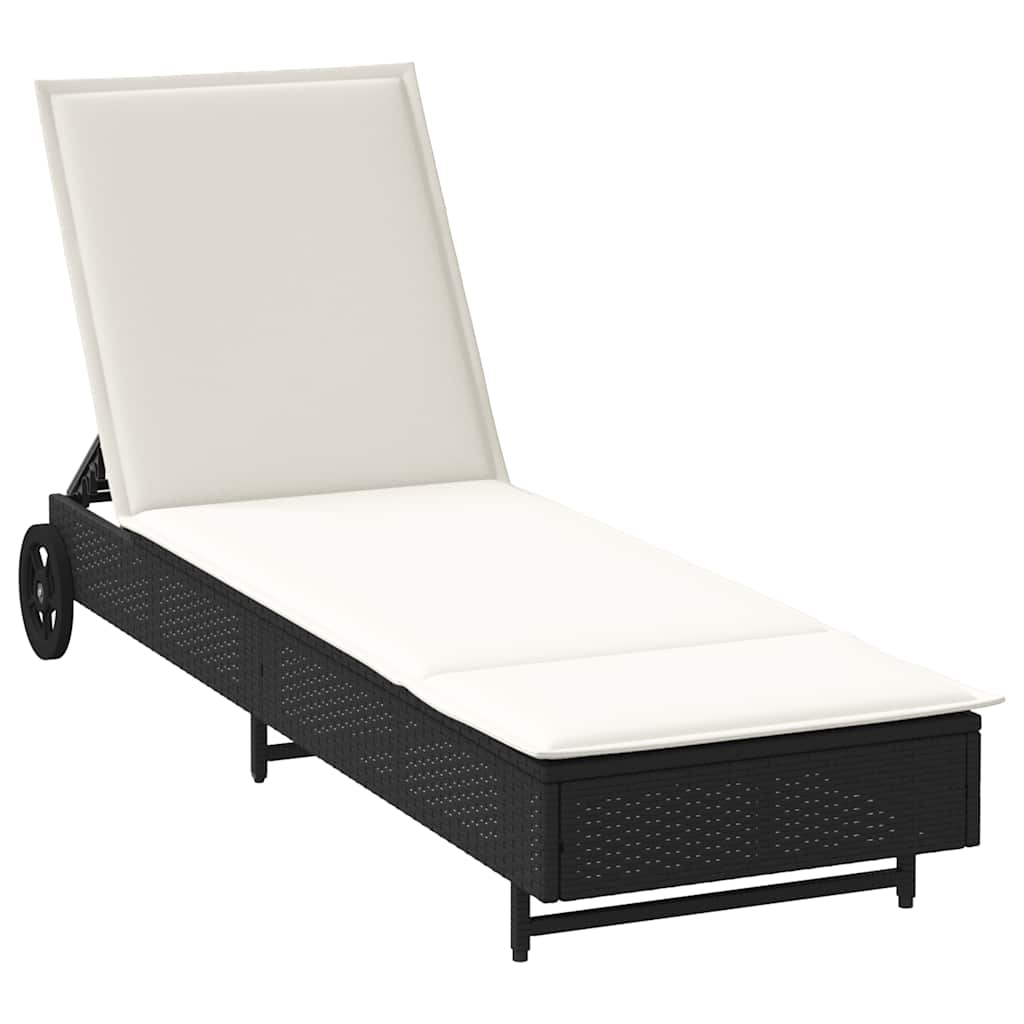 Chaise longue | tumbona con ruedas y cojín ratán sintético negro cfw26117