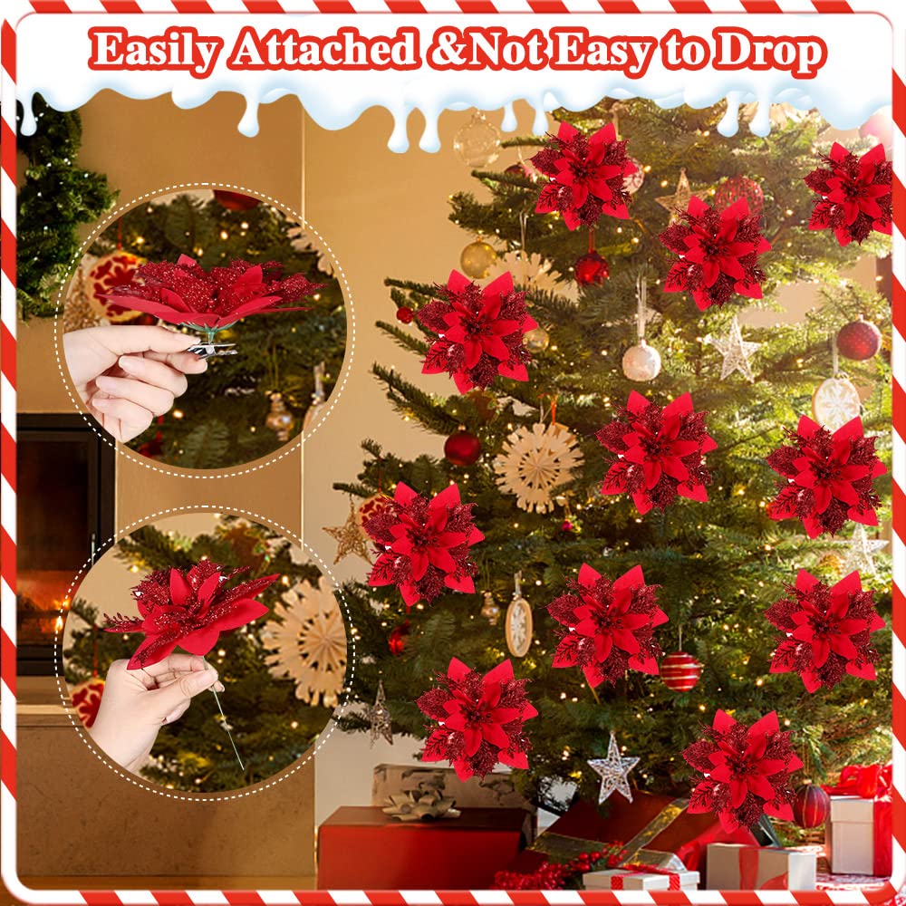 20 pièces fleurs de noël artificielles avec clips, décorations de noël, guirlande d'arbre de noël scintillante pendentifs de fleurs artificielles - 5