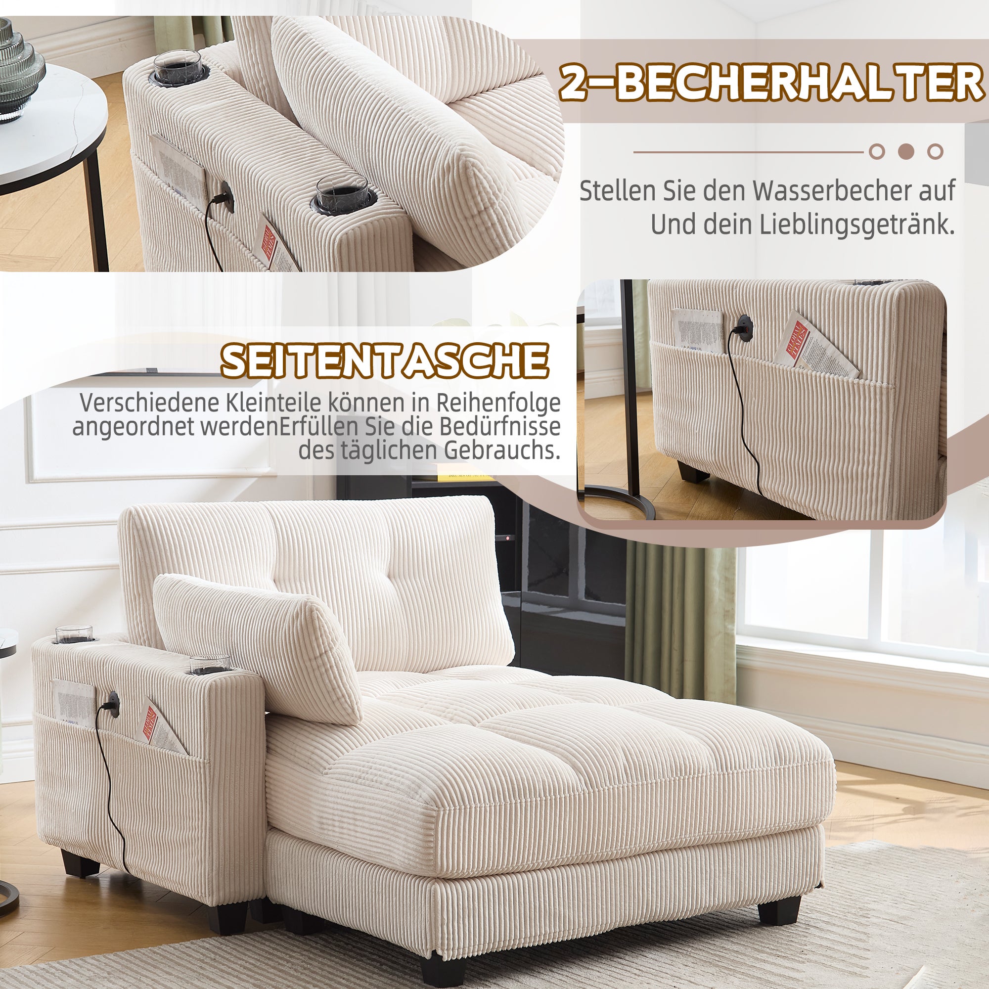 Fauteuil Relax , Fauteuil Relax Beige Rembourré avec Porte,Gobelets et Ports USB , Tissu Kordsamt - 5