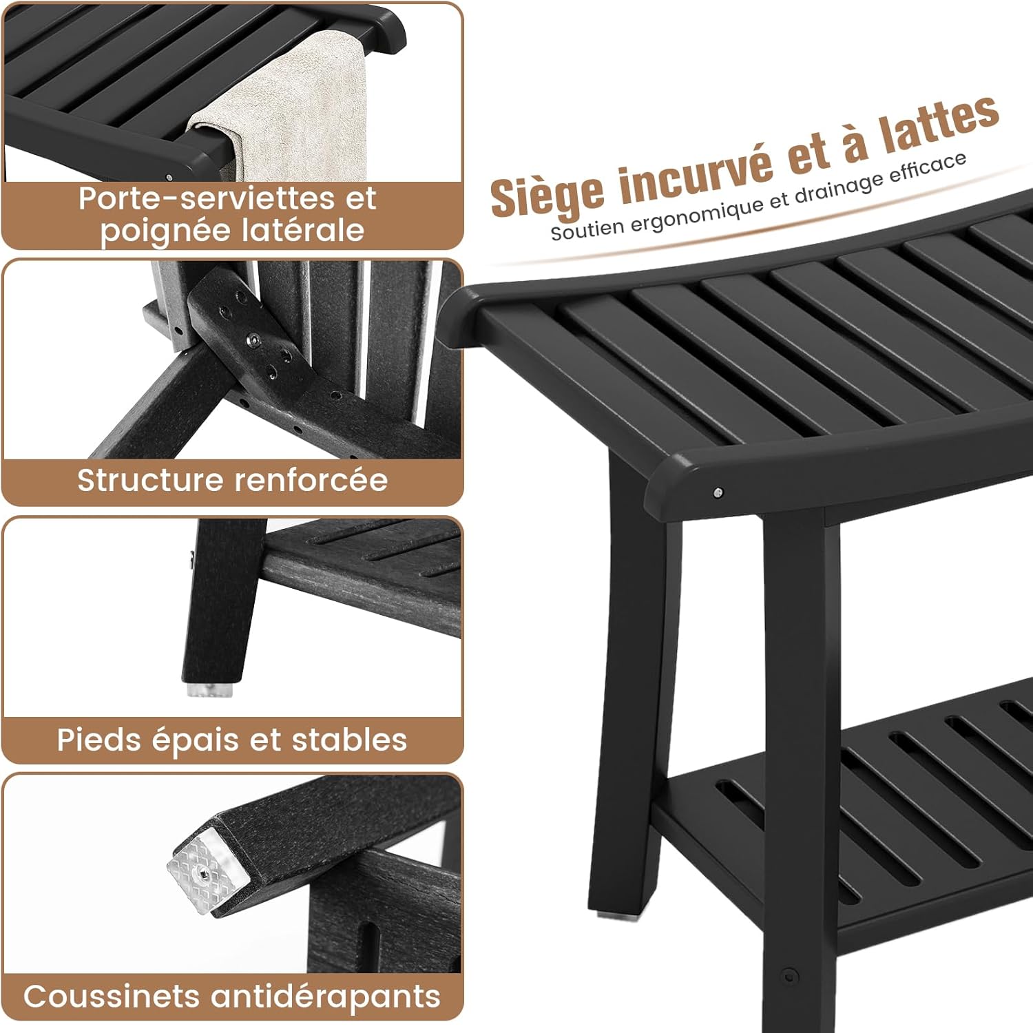 Tabouret de Douche en HDPE Imperméable, Tabouret Salle de Bain avec Étagère de Rangement, Coussinet Antidérapant, pour Intérieur/Extétrieur, Noir - 5