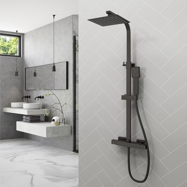 AICA Colonna Doccia con Miscelatore Termostatico, Rubinetto Doccia 26x3cm, Soffione Doccia Quadrato in Acciaio Inox 20x20cm, Altezza Regolabile,Nero