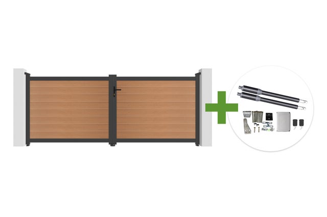 Portail bois composite battant 3,5m ATHOS H.140cm teck avec cadre aluminium + motorisation RANGER B150