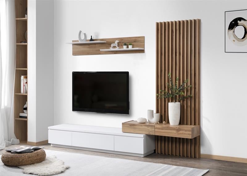 Set da pranzo con tavolo TV e boiserie 250x200 cm - Bianco e rovere - 3