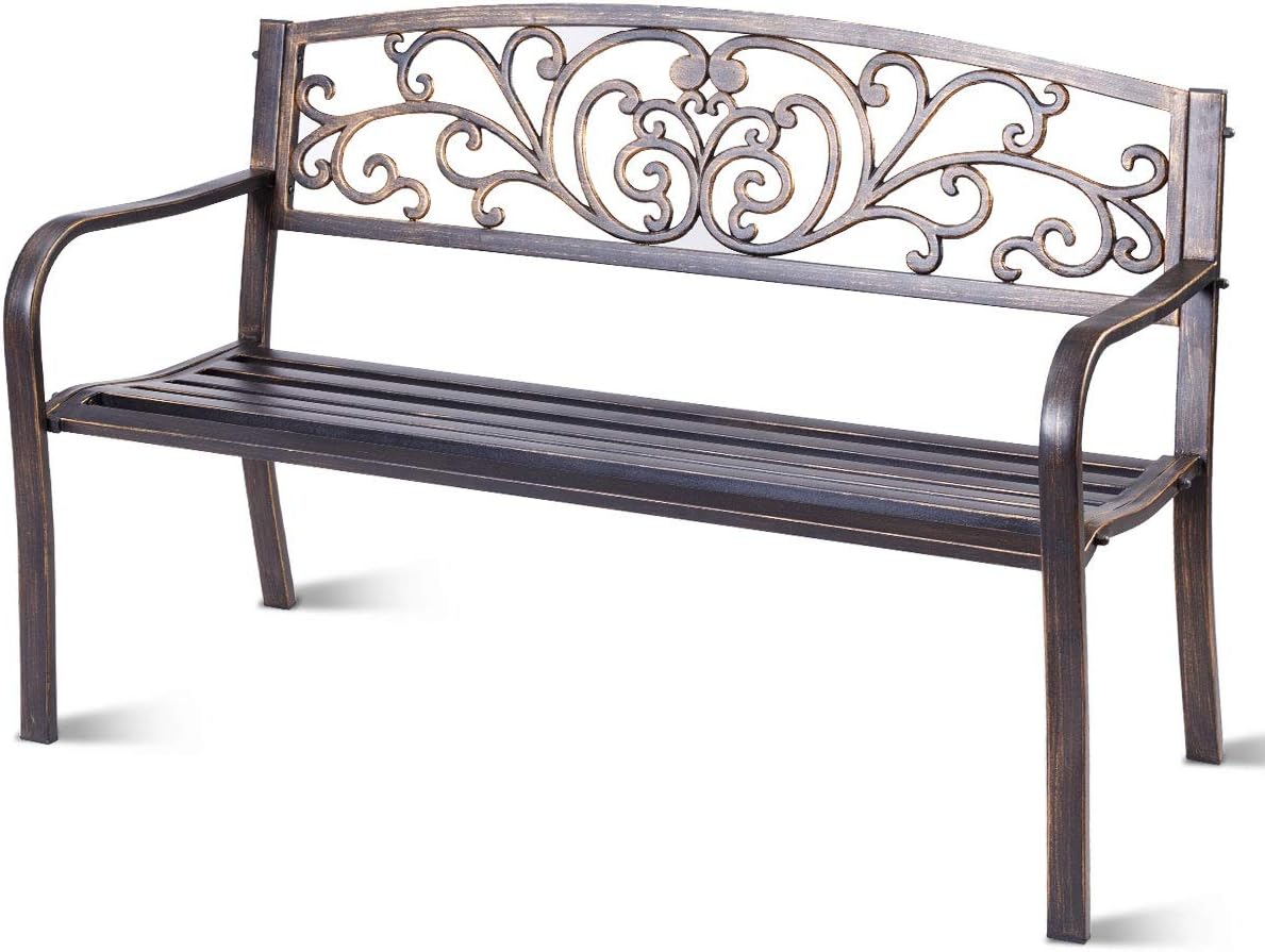 Ławka Ogrodowa na Taras, Siedzisko ze Stali i Oparcie z Żelaza, Elegancki i Szykowny Styl, Miejsce dla 2 Osób, 126 x 60 x 80 cm, Brązowa