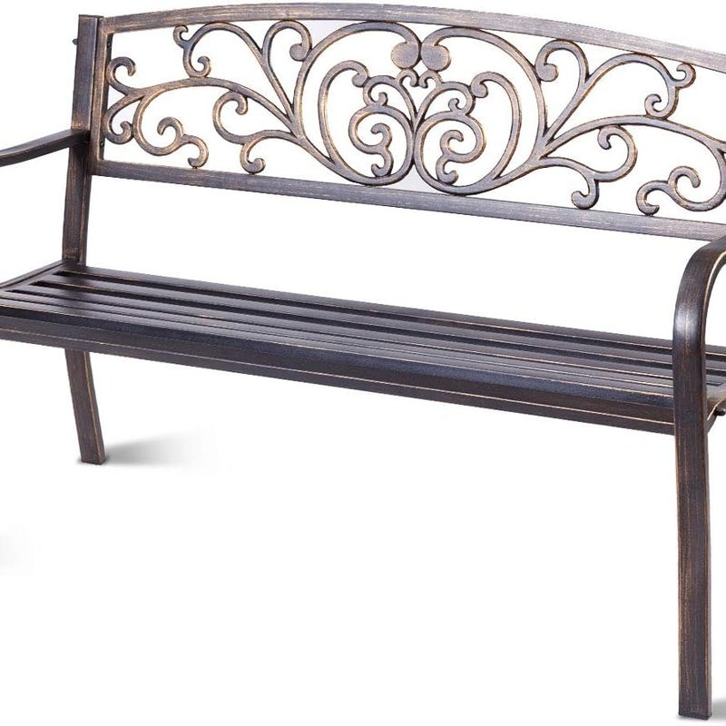 Ławka Ogrodowa na Taras, Siedzisko ze Stali i Oparcie z Żelaza, Elegancki i Szykowny Styl, Miejsce dla 2 Osób, 126 x 60 x 80 cm, Brązowa