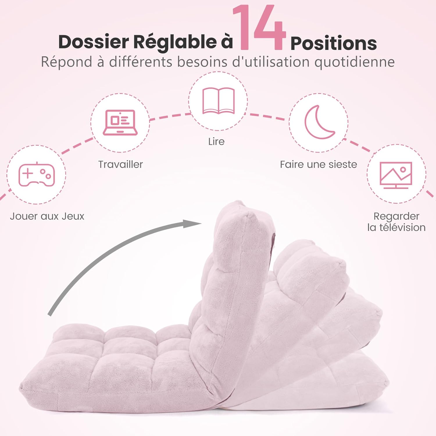 Canapé Paresseux Tatami Pliable Chaise de Plancher Coussin de Chaise de Lit Siège de Sol pour Maison, Bureau 105 x 56 x 15 CM (Rose Clair) - 5