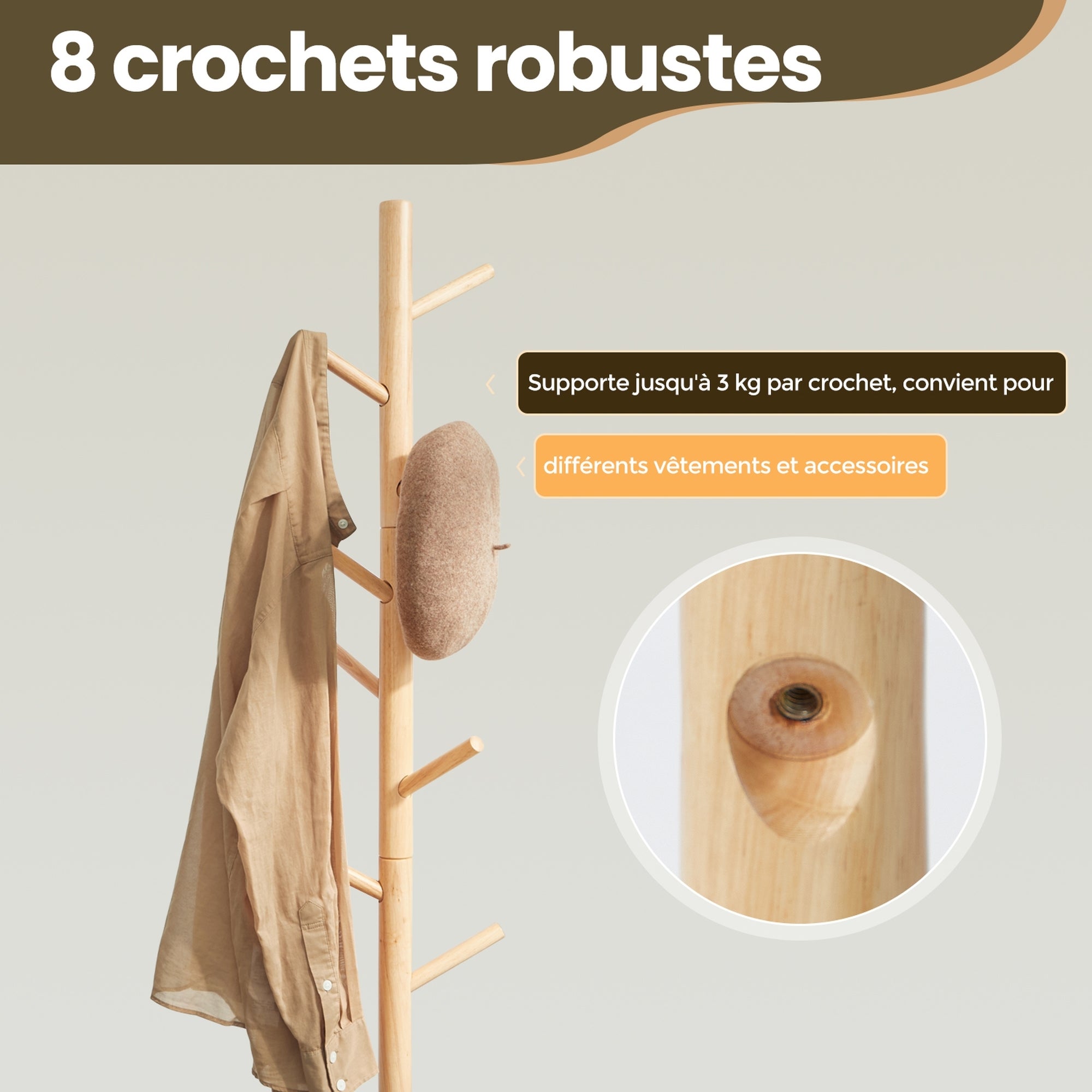 Porte-manteau, en Bois, Forme d’Arbre, 8 Crochets, 3 Hauteurs Réglables, 46,3 x 40,3 x 174,5 cm, Naturel - 7