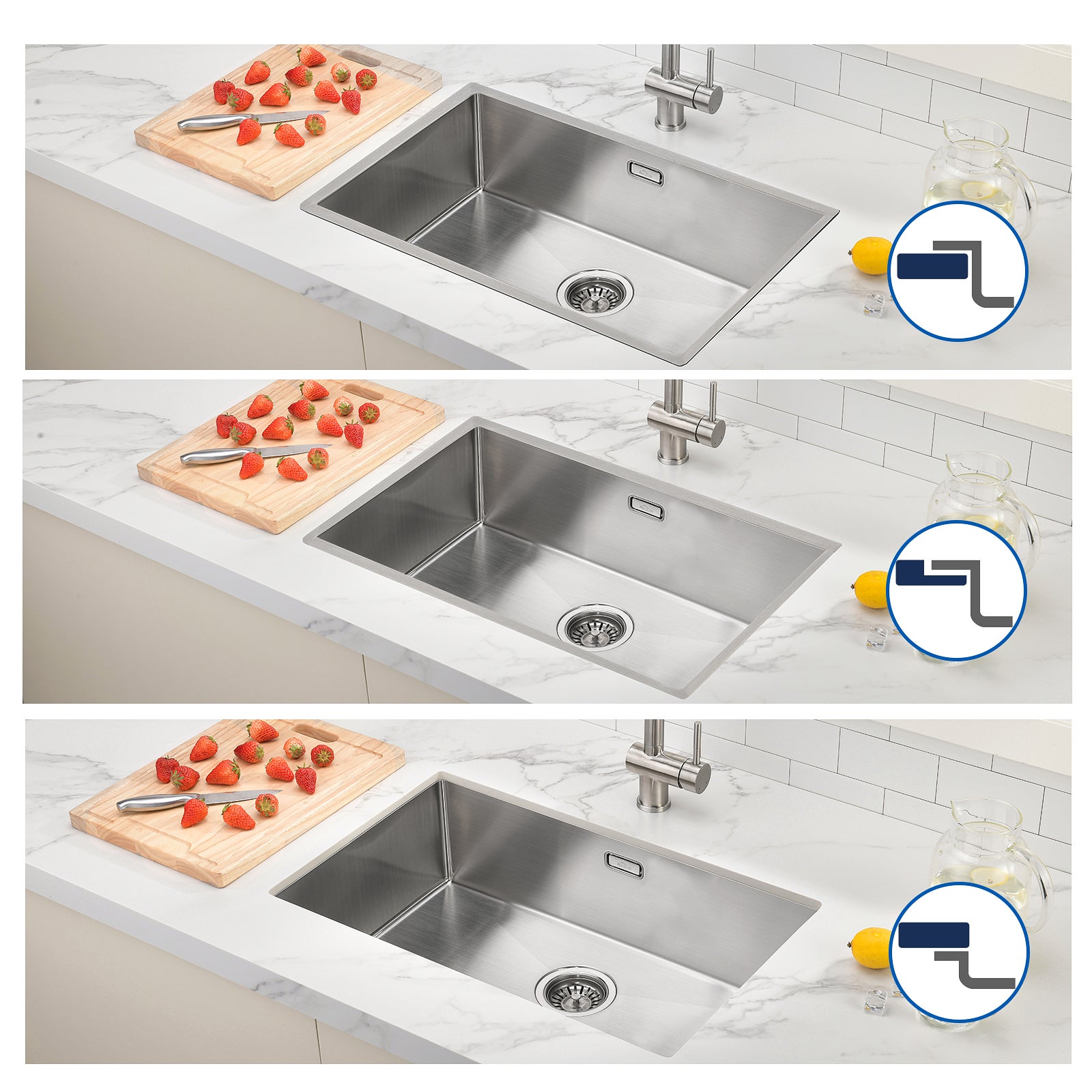 AuraLum Max Évier Cuisine 1 Bac 70*44*19CM Évier Montage à Encastrer,à Fleur/Sous-Plan Acier Inox 304 Évier Brossé avec Siphon/Trop-Plein,EU Modèle - 3