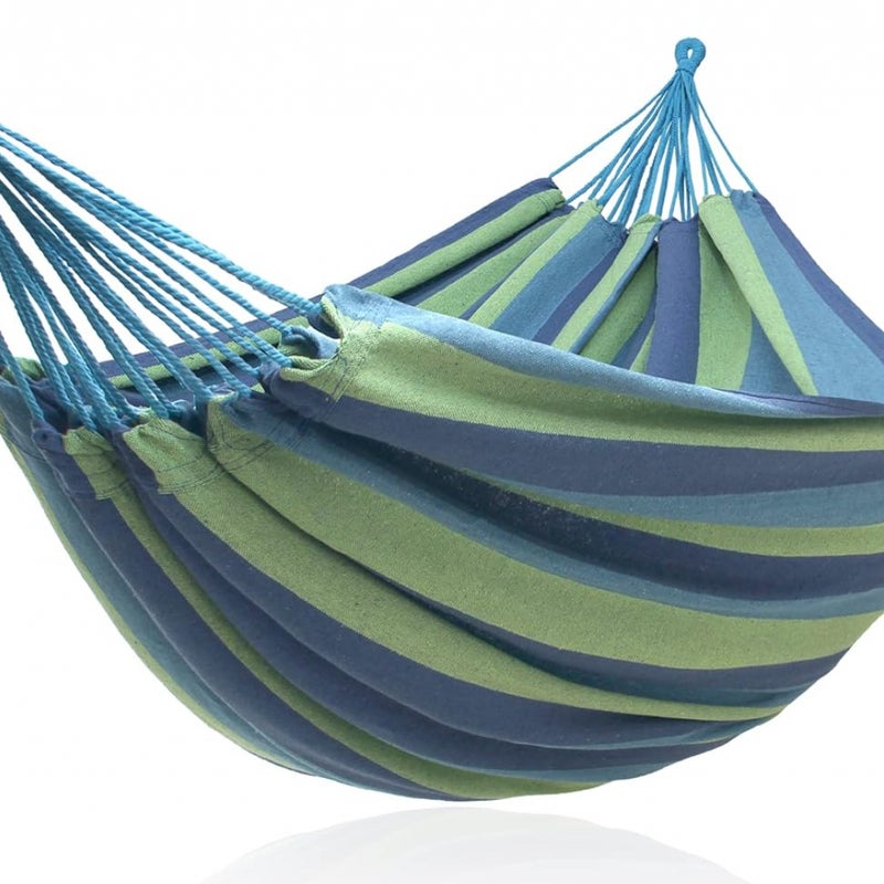 Hamak do wewnątrz i ogrodu, wiszący, wykonany z trwałej i wygodnej tkaniny, 200 x 100 cm (niebieski i zielony)