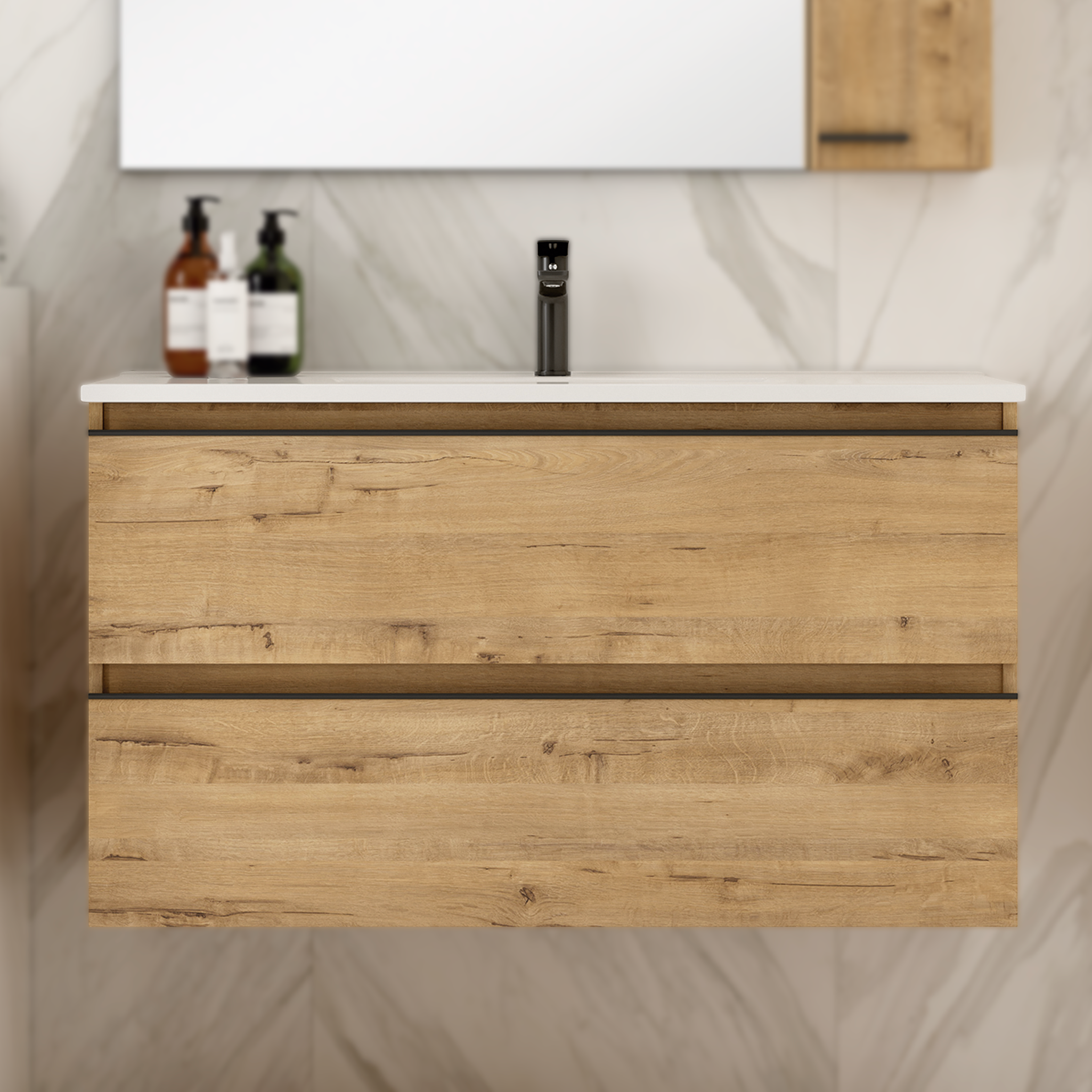 Mueble de baño con lavabo black inglet, roble con preciosa veta, ancho de 60 cm