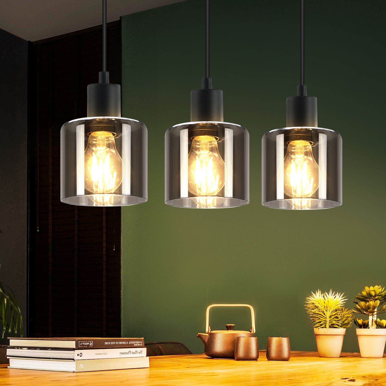 NETTLIFE Czarna szklana lampa wisząca o średnicy 68 cm E27 Vintage 3 żarówki Retro Industrialna lampa żyrandolowa do salonu Hotel Biuro