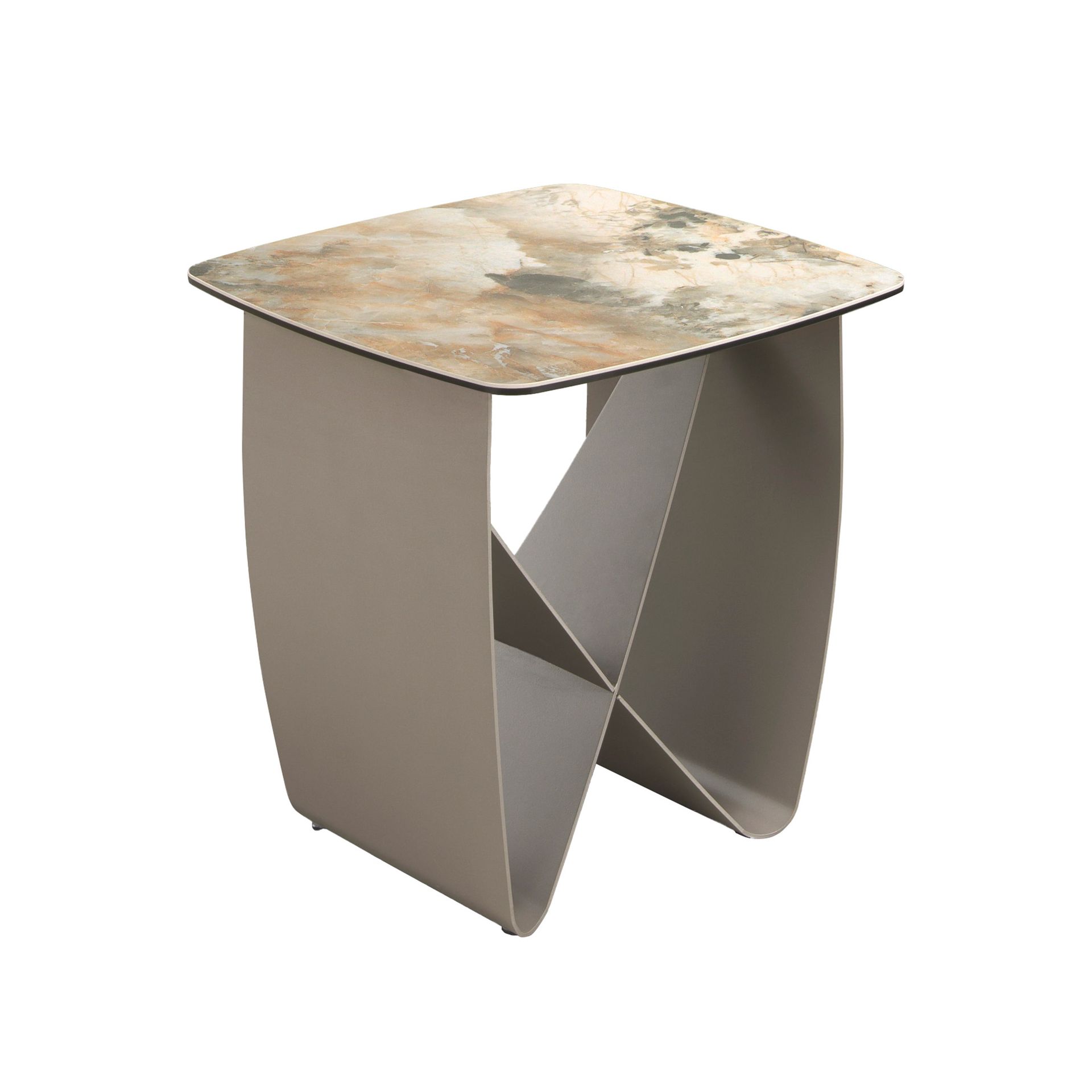 Kwadratowy stolik narożny z porcelanowego marmuru i metalicznej stali w kolorze taupe 50 x 50 x 50 cm