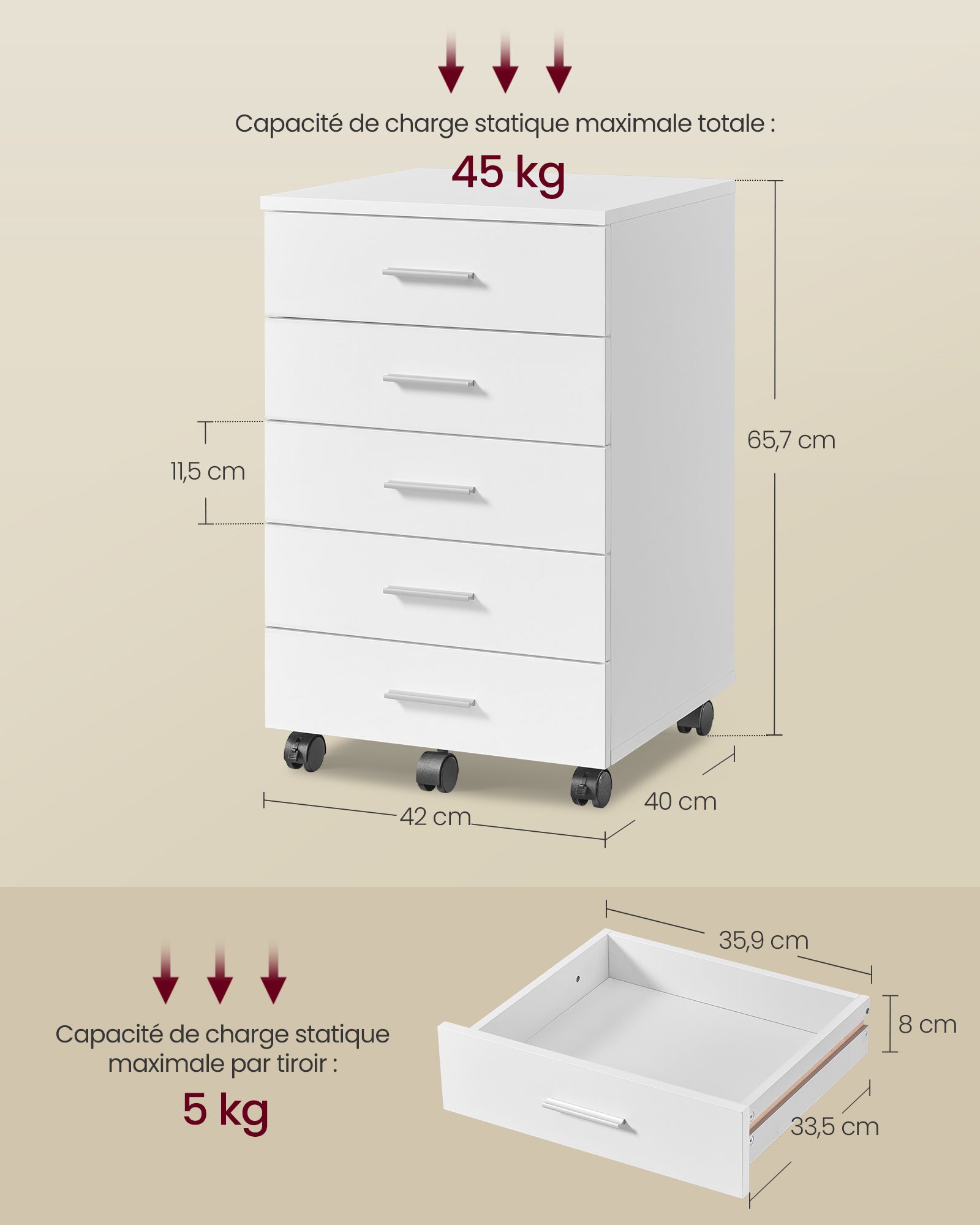 Caisson de Bureau à Roulettes, Meuble de Rangement, Support pour Imprimante, avec 5 Tiroirs, Rails Coulissants, pour Bureau, Télétravail, Blanc Nuage - 5
