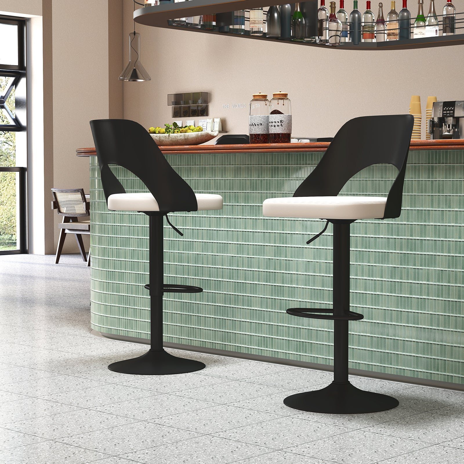 Set de 2 Taburetes Altos de Bar con Reposapiés, Sillas de Bar Giratorias 360° con Respaldo, Taburetes Ajustables en Altura, Sillas de Comedor - 5