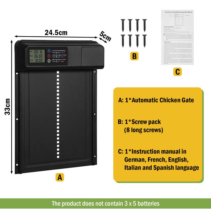 Porta Automatica Per Pollaio In Alluminio - Timer Programmabile Con Display LCD, Anti-Pizzicamento, Alimentazione A Batteria (3xAA)