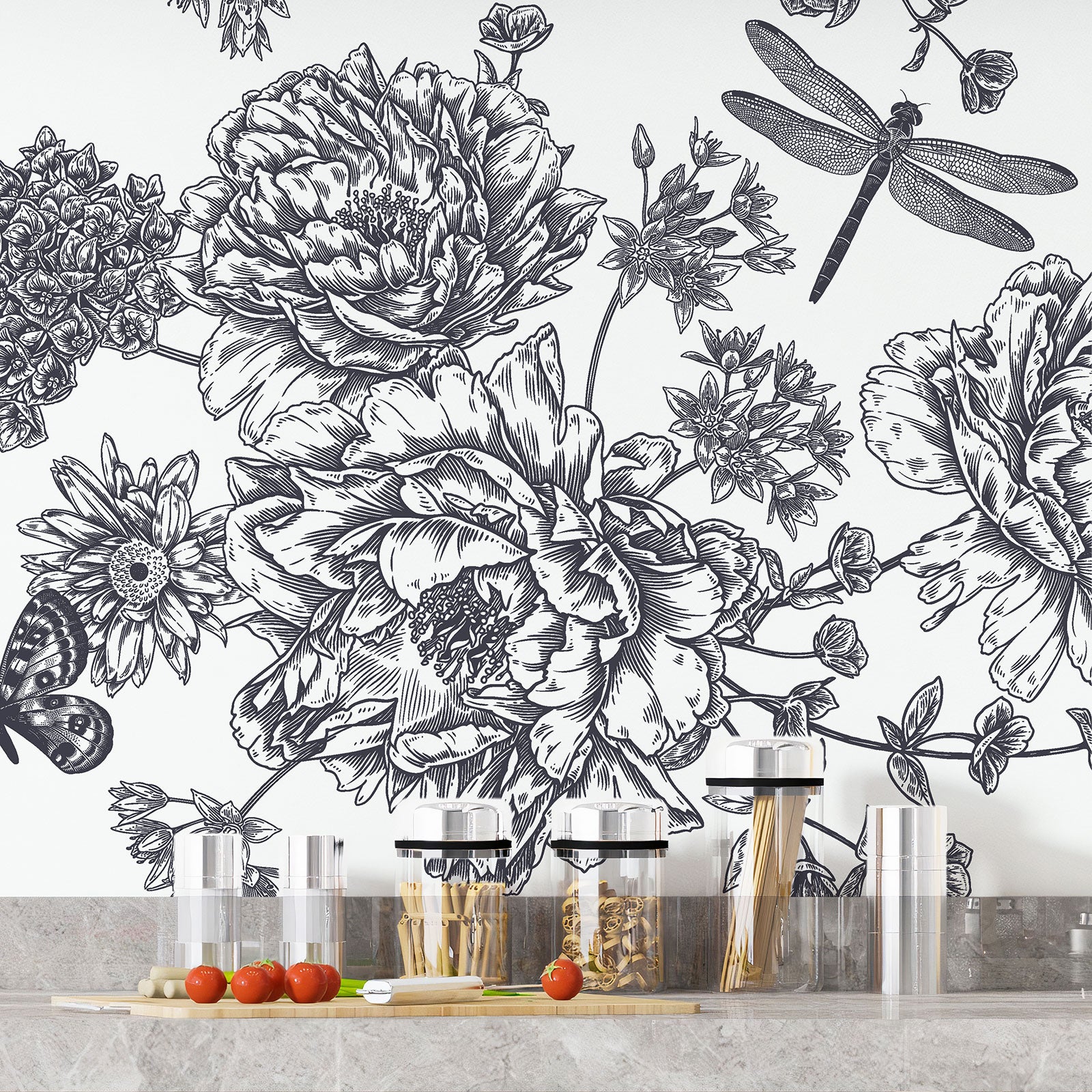 Crédence adhésive sticker décoratif pour cuisine - Fleurs papillons - Adhésif MAT - 90x135 cm - 4