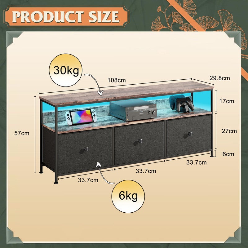 Meuble TV, 108x30x57cm, avec bande lumineuse LED et 3 tiroirs, pieds réglables en hauteur, structure en fer, meuble tele - 5