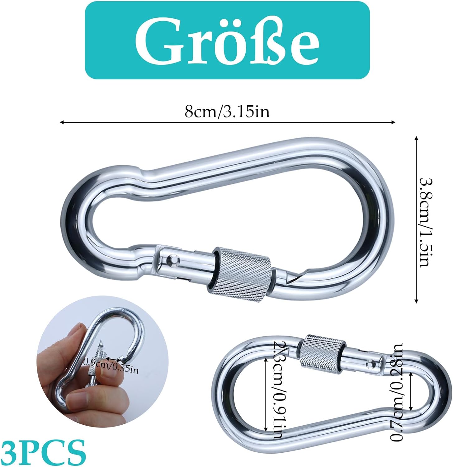 Lot De 3 Mousquetons à Vis Acier Inoxydable 304 M8 – Résistants Pour Camping, Randonnée Et Extérieur