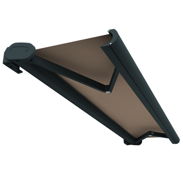 Toldo cofre integral HEVOA 6,00x3,50 M (Motorizado com telecomando e manobra de emergência + LED - Estrutura cinza antracite - Tela taupe)
