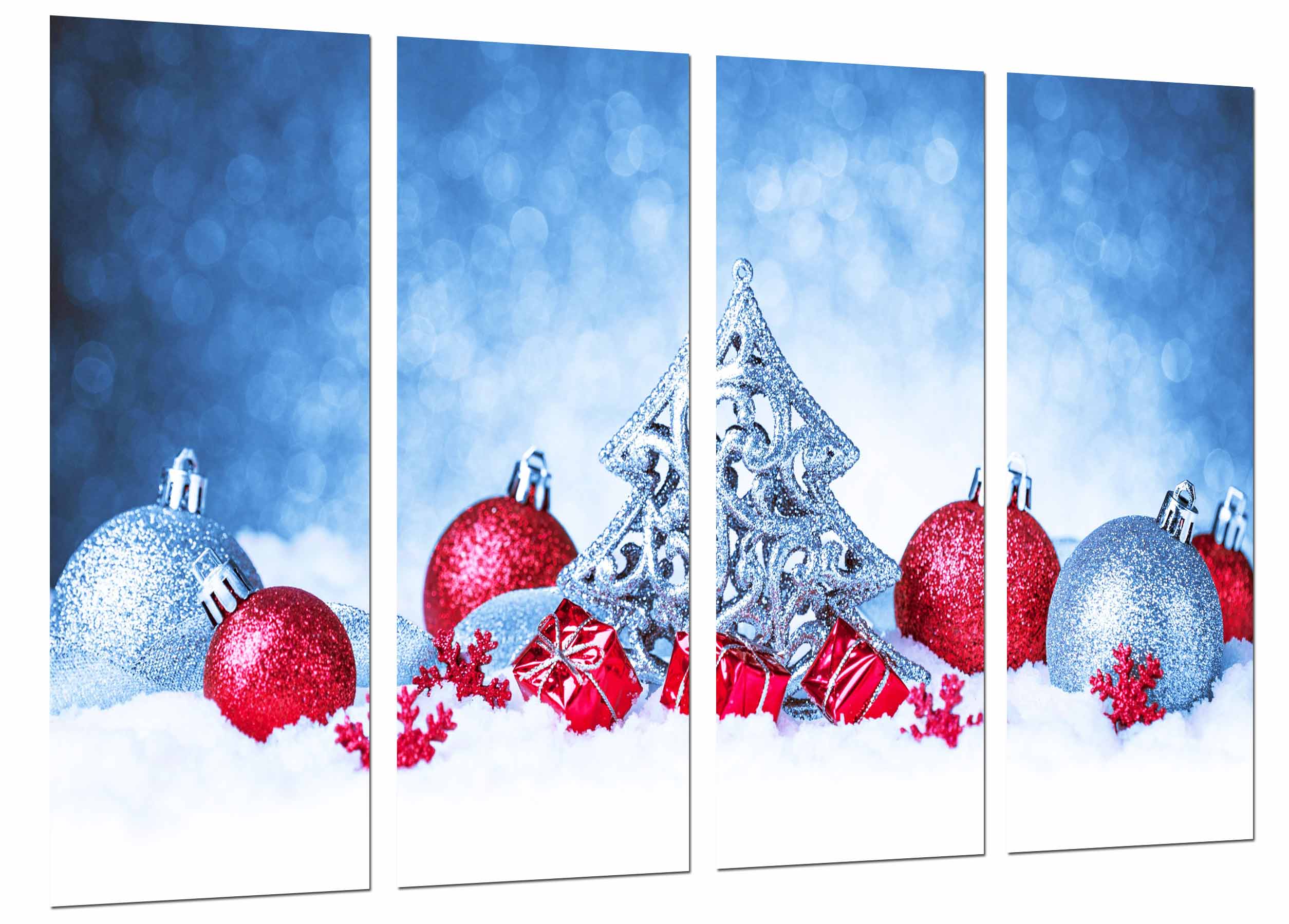 Adornos navideños, arbol navidad plateado, bolas rojo, impresión fotográfica sobre madera, cuadro moderno decorativo