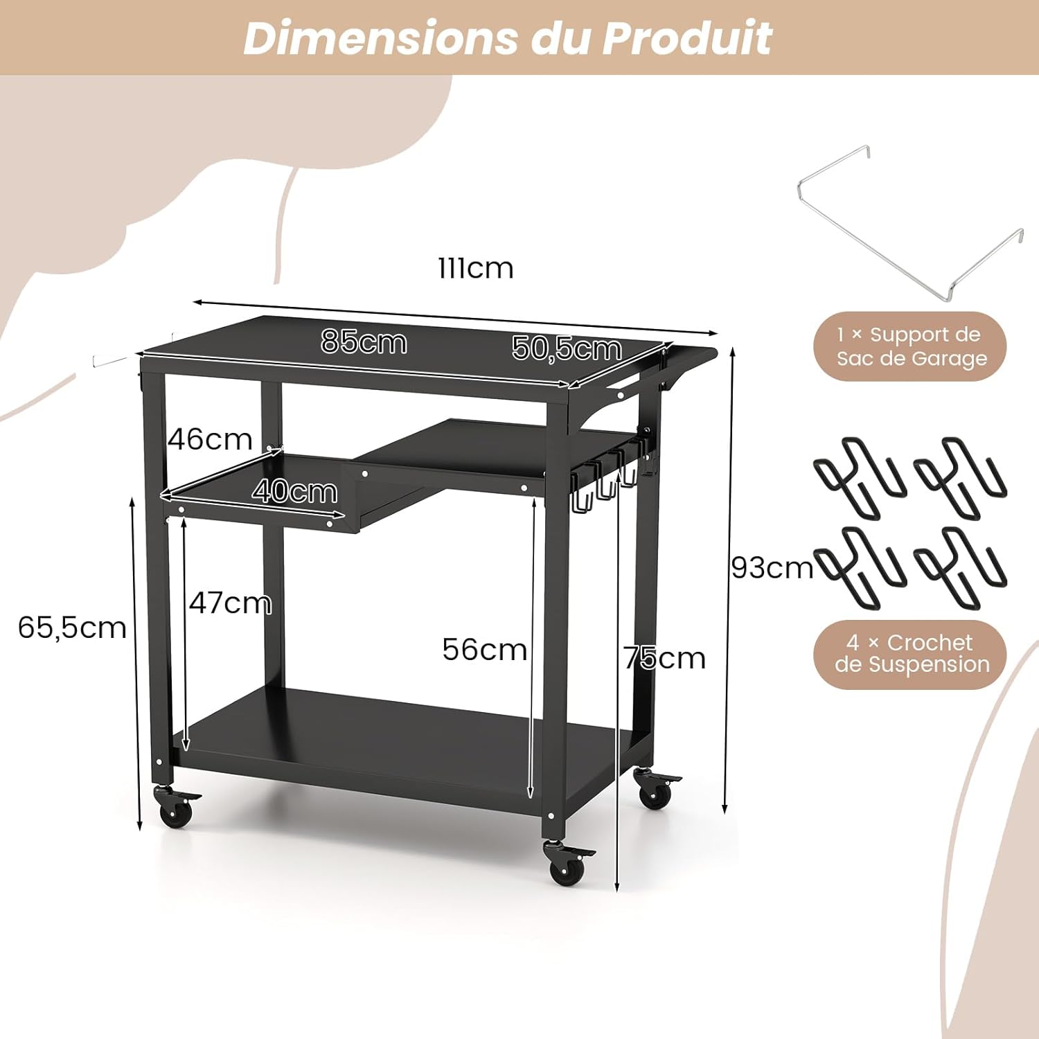 Carrello Barbecue da Esterno, Carrello BBQ Portatile con 3 Ripiani, 4 Ruote Bloccabili, Ganci, Maniglia Laterale, per Cucina Giardino - 5
