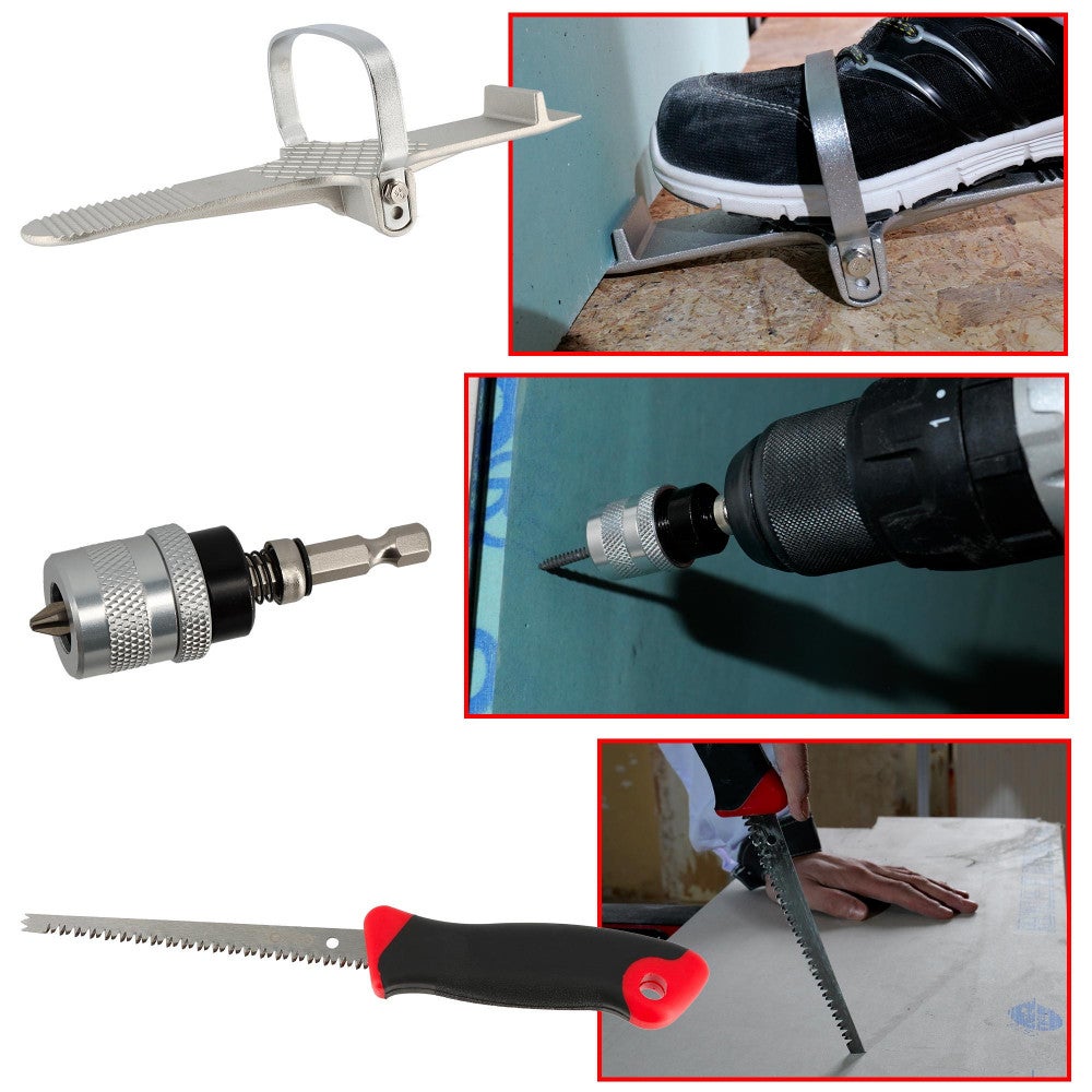 Kit outil plaquiste - 7 pièces - Scie - Porte-embouts - Cisaille - Pince à sertir - Lève-cloison - Râpe - Rabot - 5